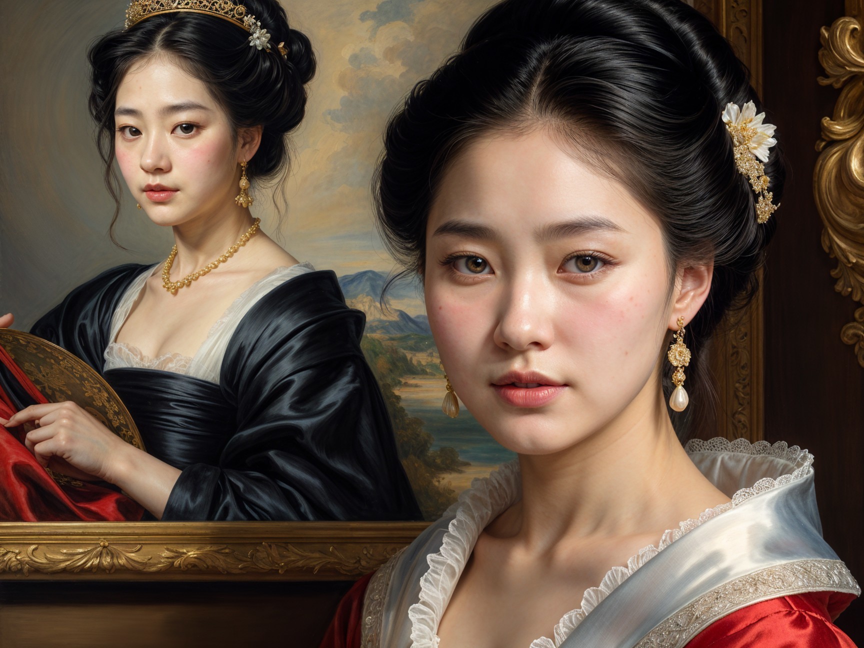 Young Woman in Historical Setting with Elegant Gown