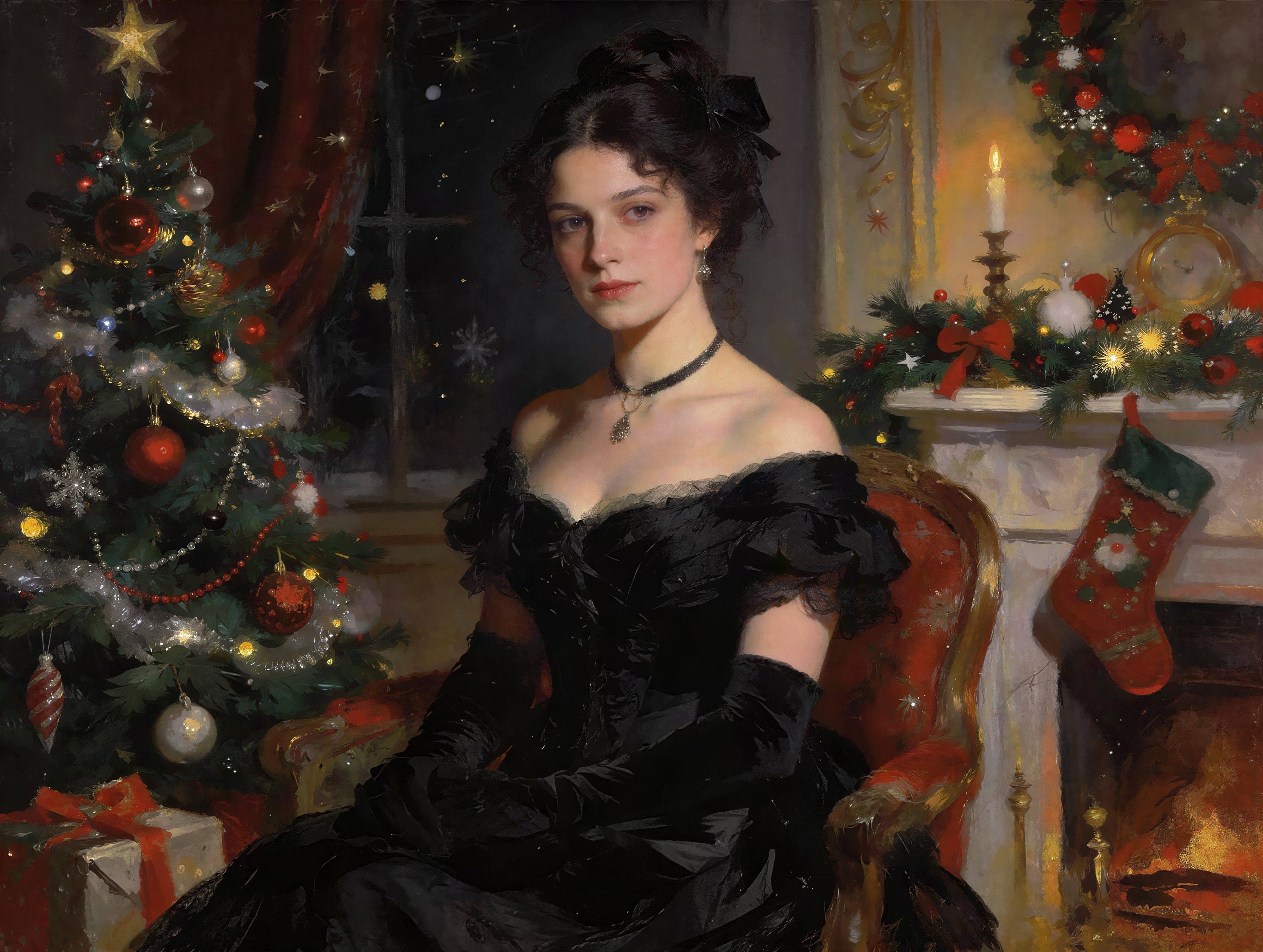 Elegant Woman in Black Gown in Christmas Setting