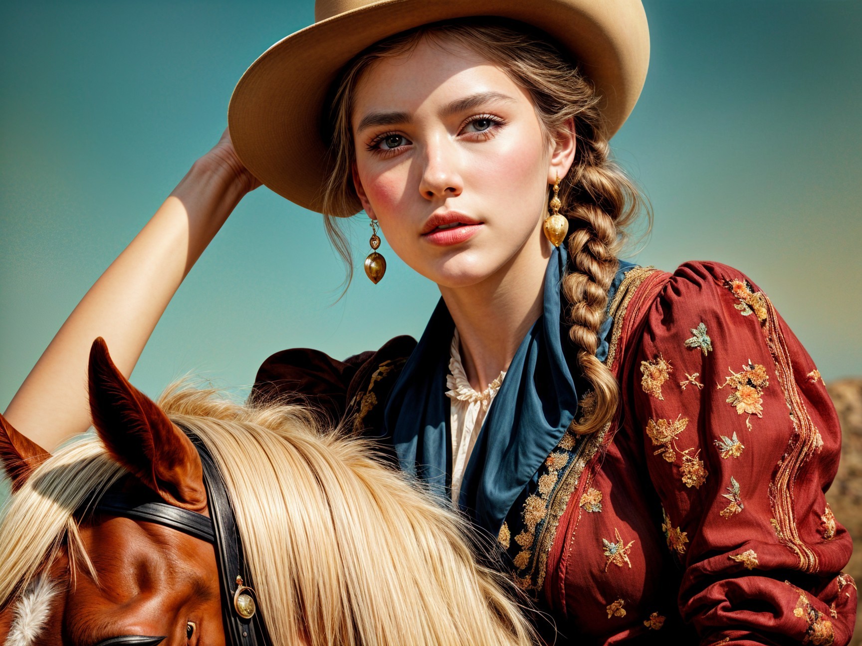 Young woman in vintage dress with horse and landscape