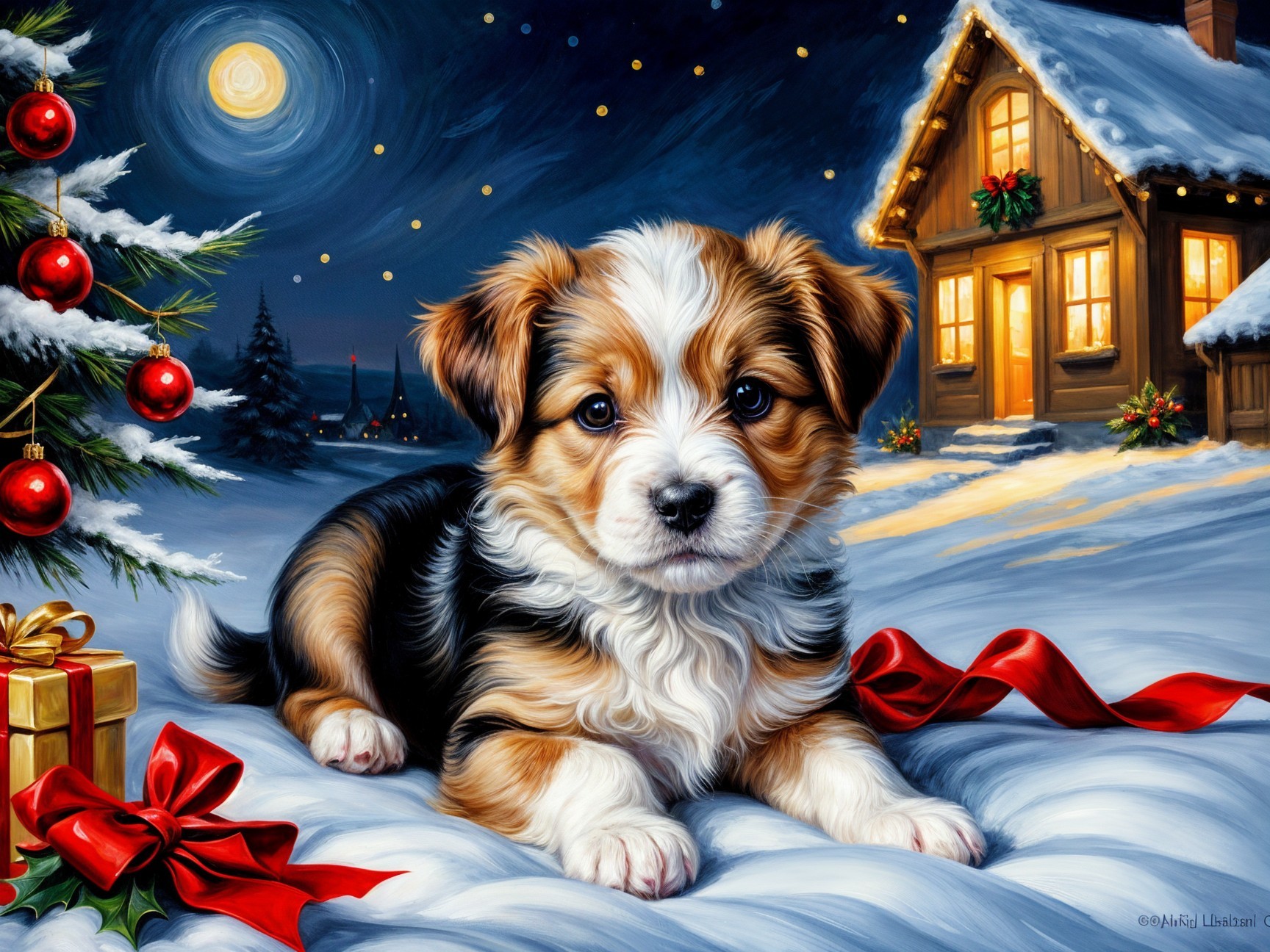 Puppy in Snow with Christmas Decorations and Cabin