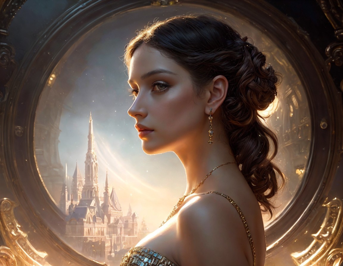 Digital Portrait of Woman with Fantasy Castle Background