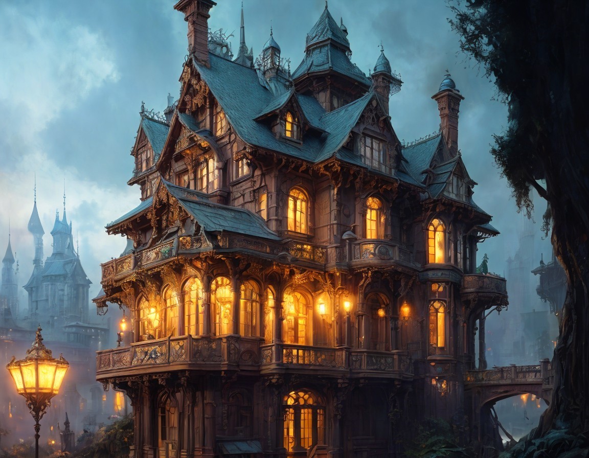 Victorian Mansion Surrounded by Twilight Mist and Light
