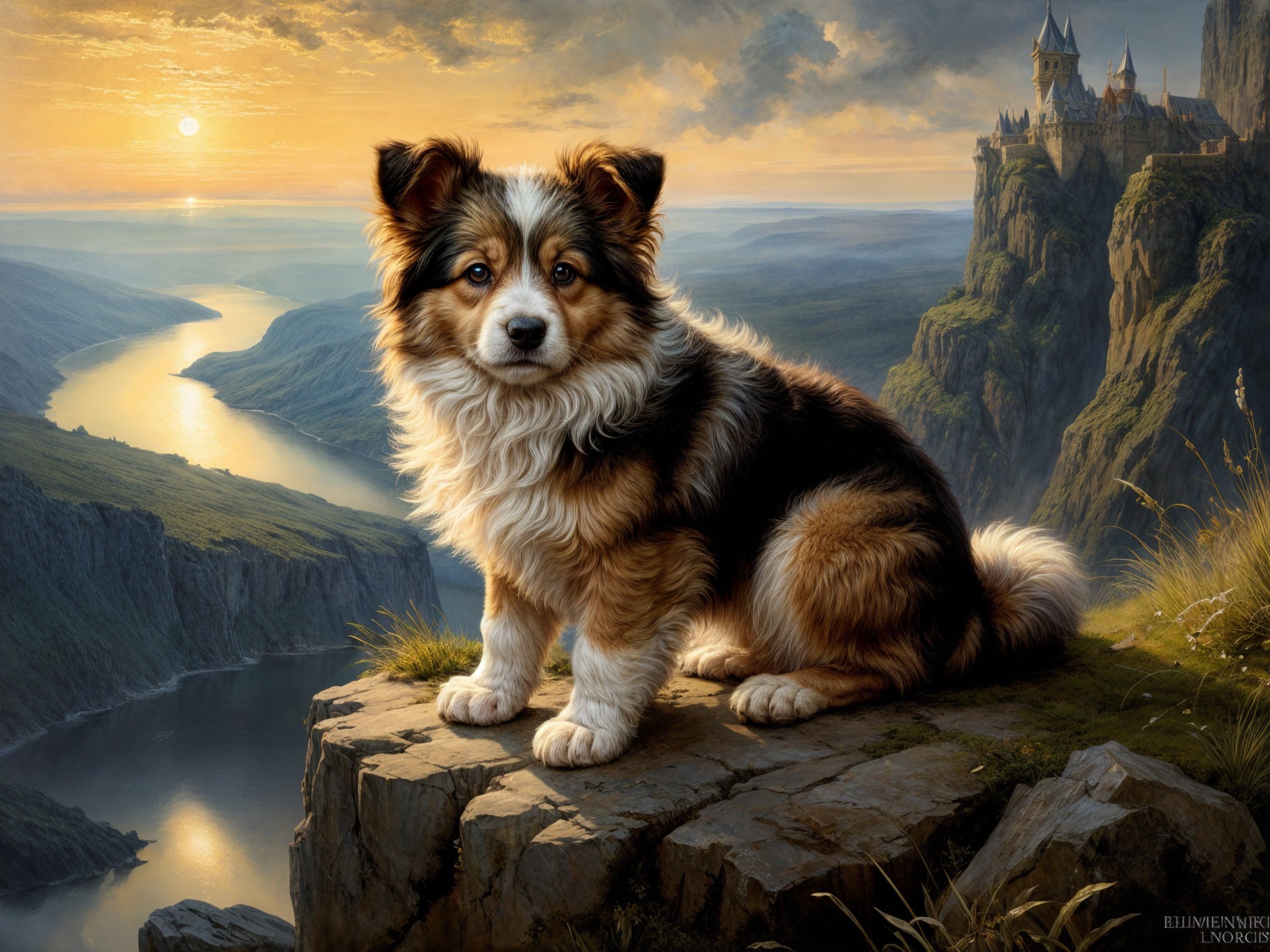 Majestic Sunset Over River with Dog and Castle View