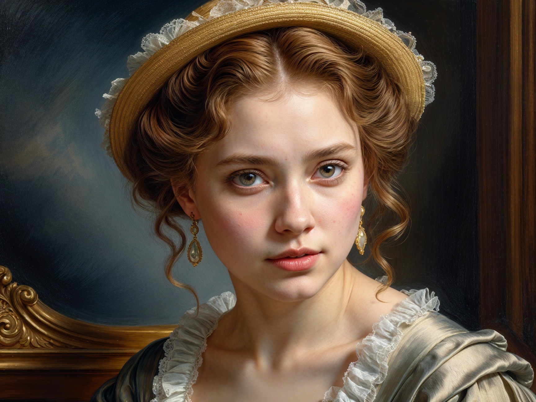 Young woman in ruffled dress and straw hat portrait