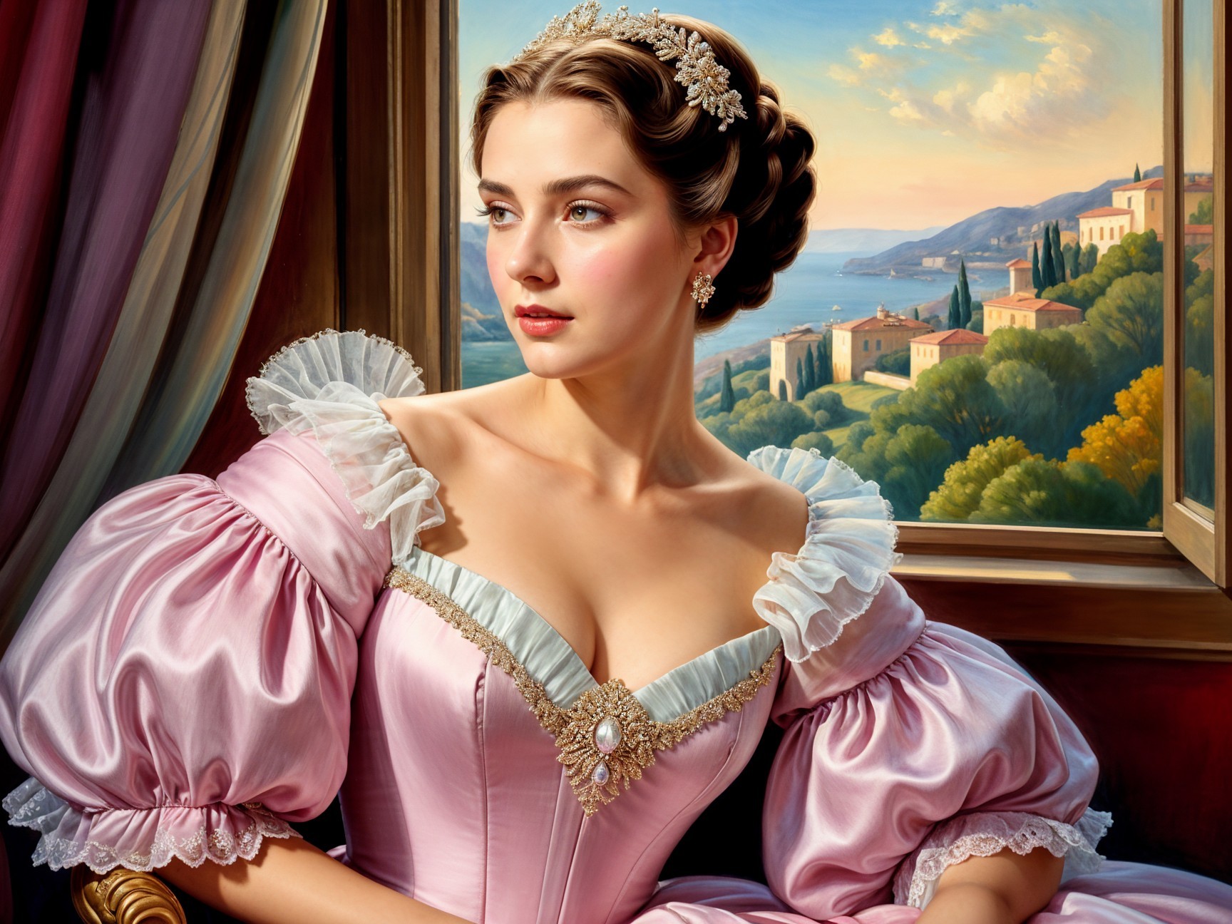 Young Woman in Pink Gown Gazing Out Window