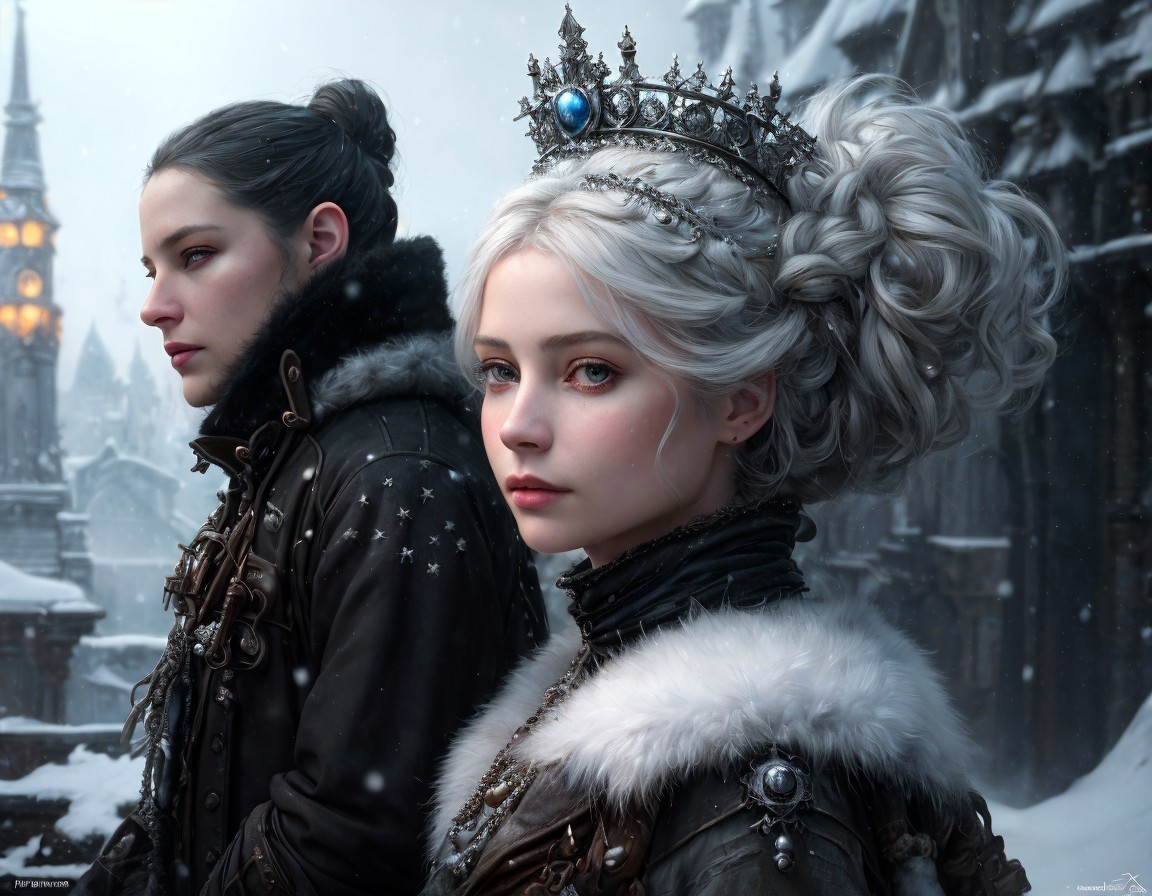 Regal Women in Luxurious Medieval Attire in Snowy Scene