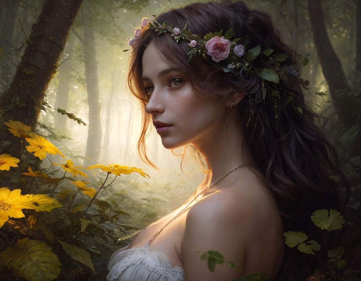 Woman wearing floral crown in sunlit forest