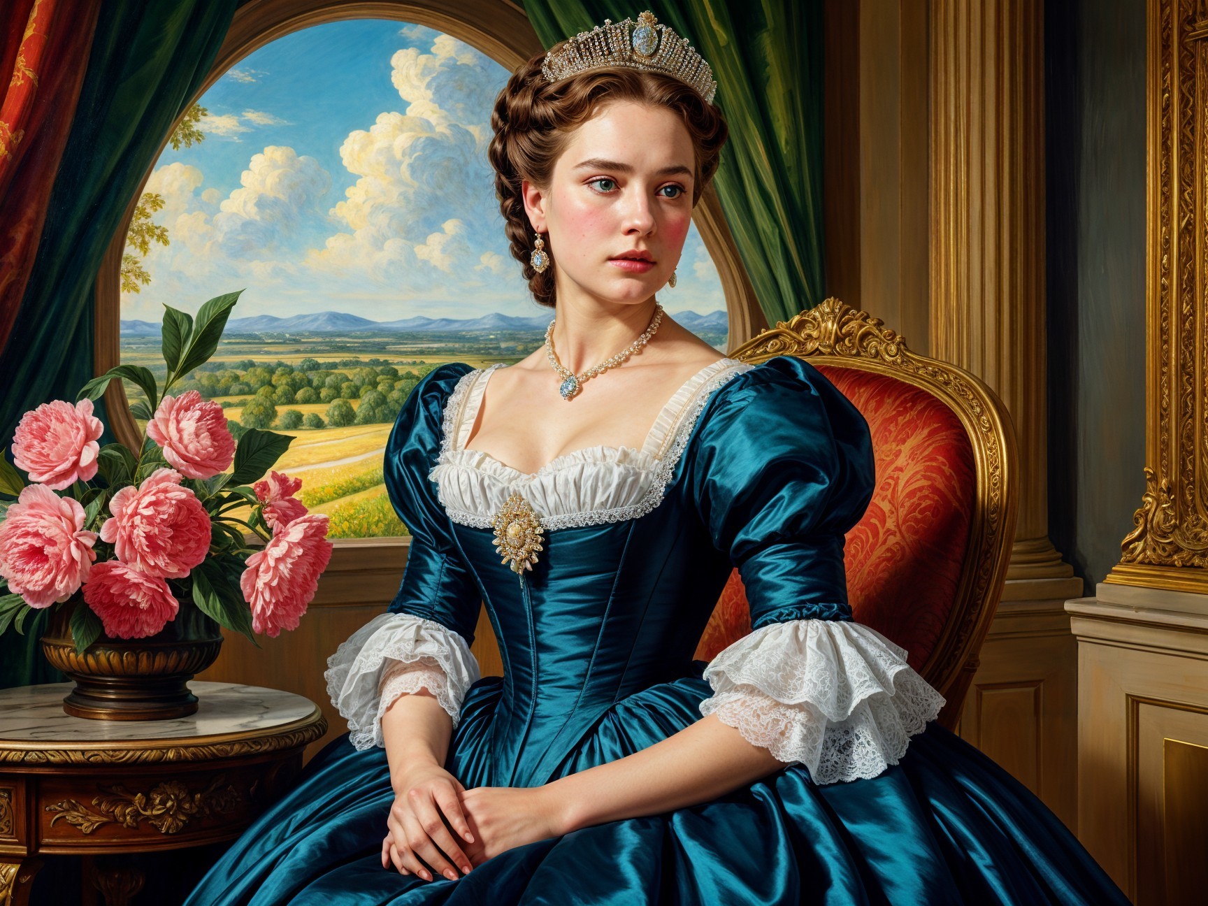 Young Woman in Elegant Blue Gown with Regal Setting