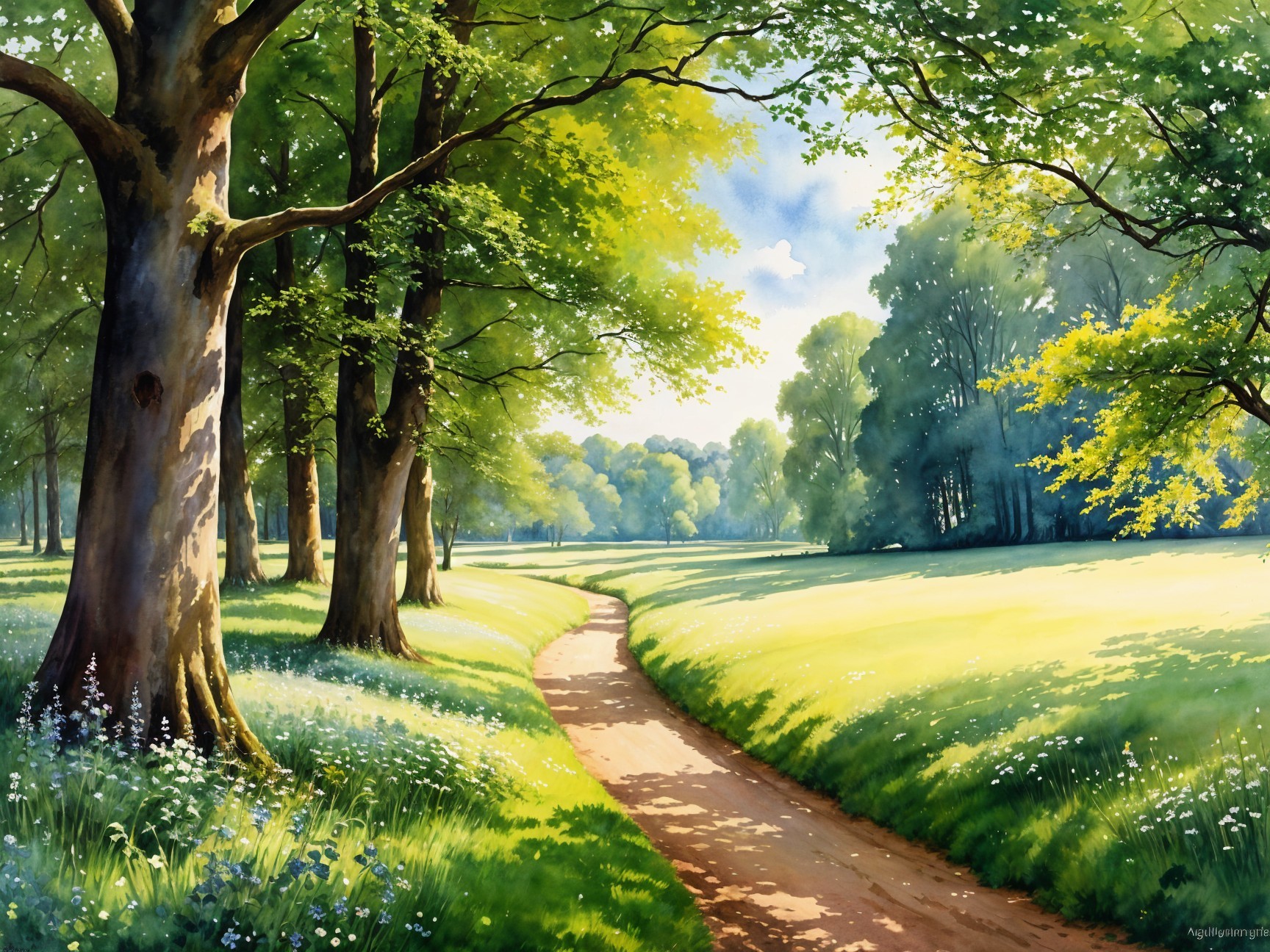 Sunlit Pathway in a Lush Green Forest Scene