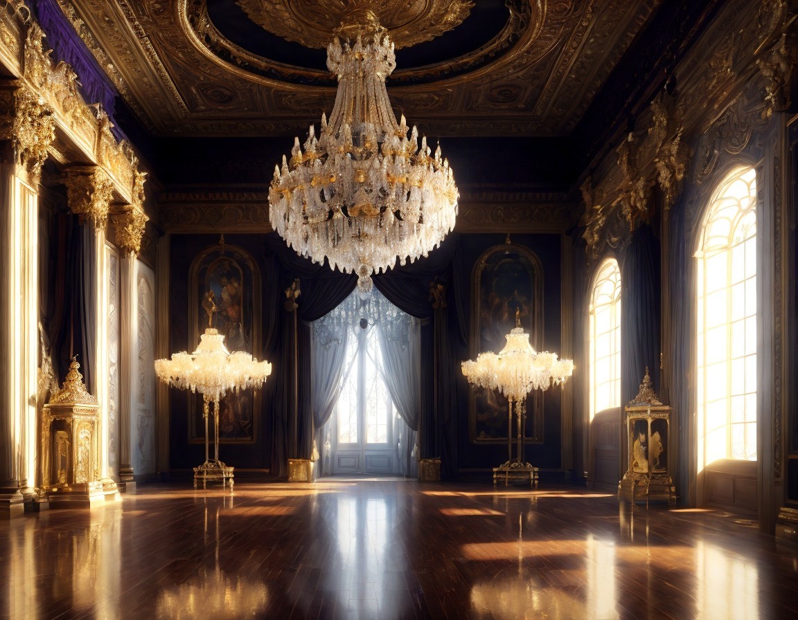 Luxurious ballroom with grand chandelier, golden details, and floor-to-ceiling windows.