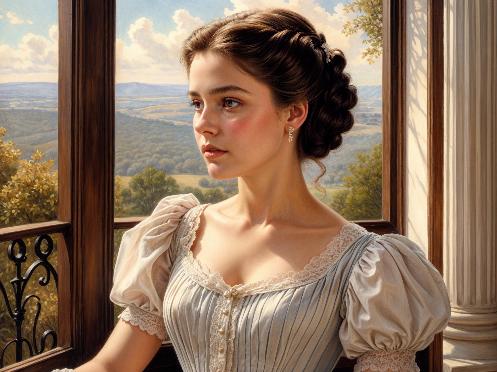 Young Woman in Light Blue Gown by Ornate Window