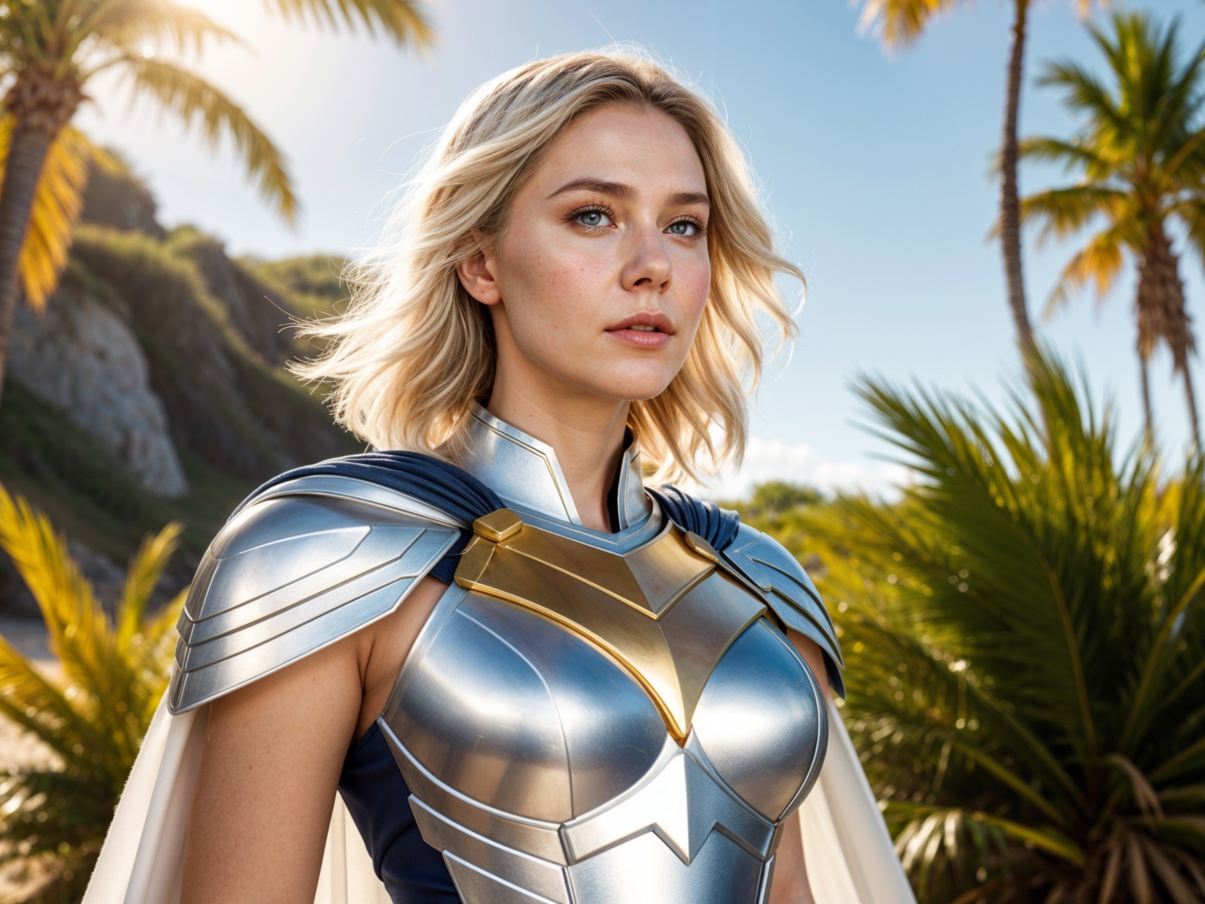 Confident Woman in Silver and Blue Superhero Costume
