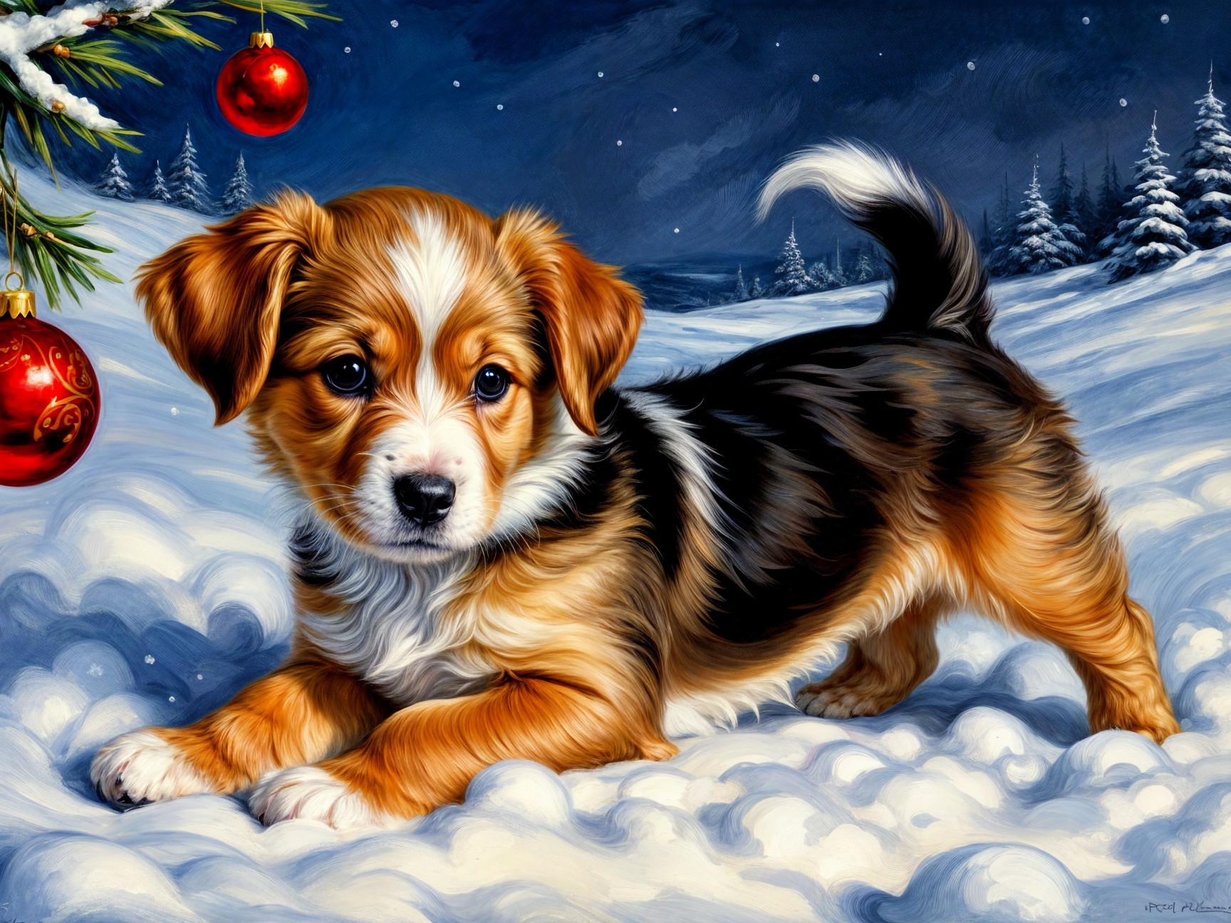 Puppy in Snowy Landscape with Festive Decorations