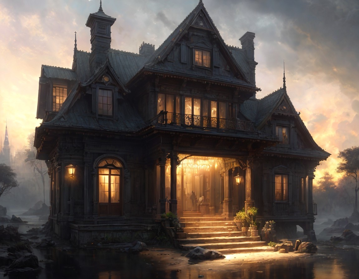 Gothic-style mansion with intricate details and misty backdrop