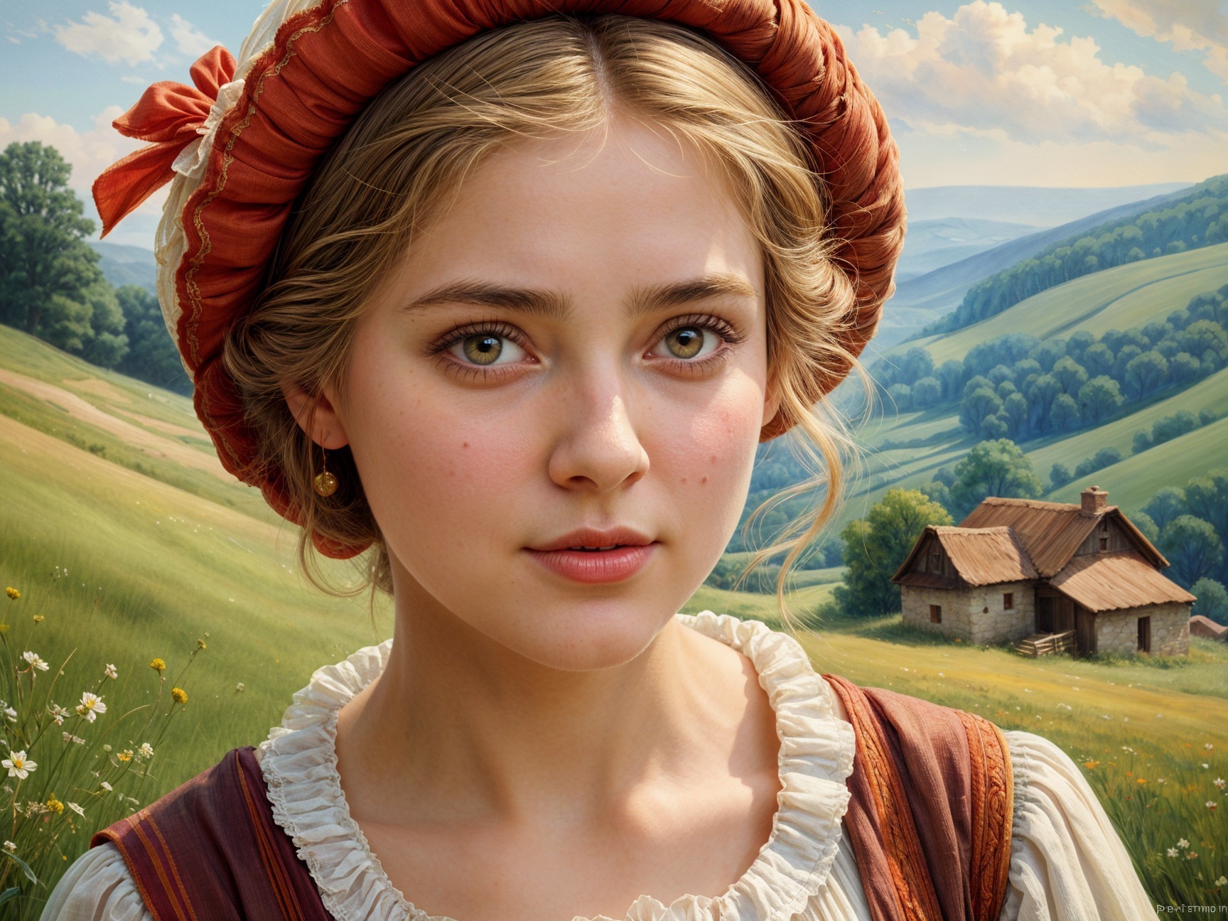 Young woman in rustic outfit with serene landscape backdrop