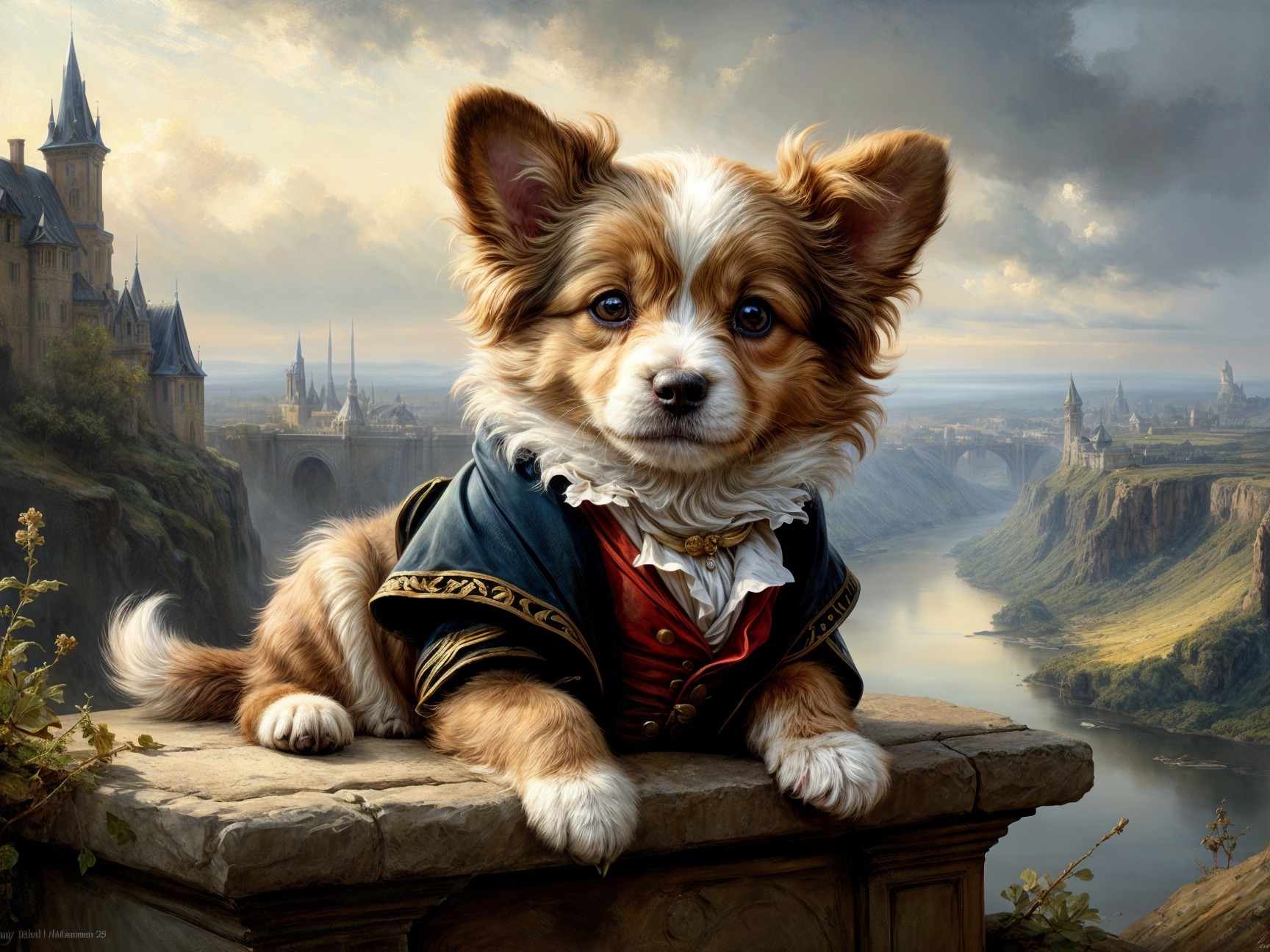 Charming Dog in Historical Outfit on Scenic Ledge