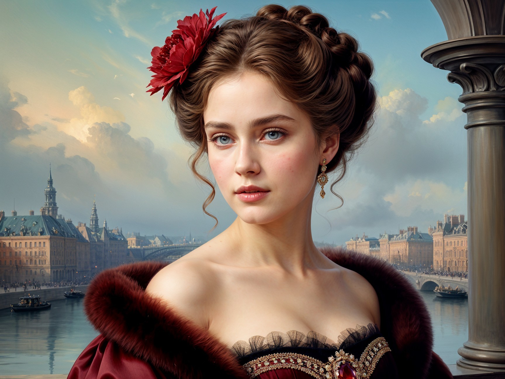 Young Woman in Elegant Off-the-Shoulder Gown with Cityscape