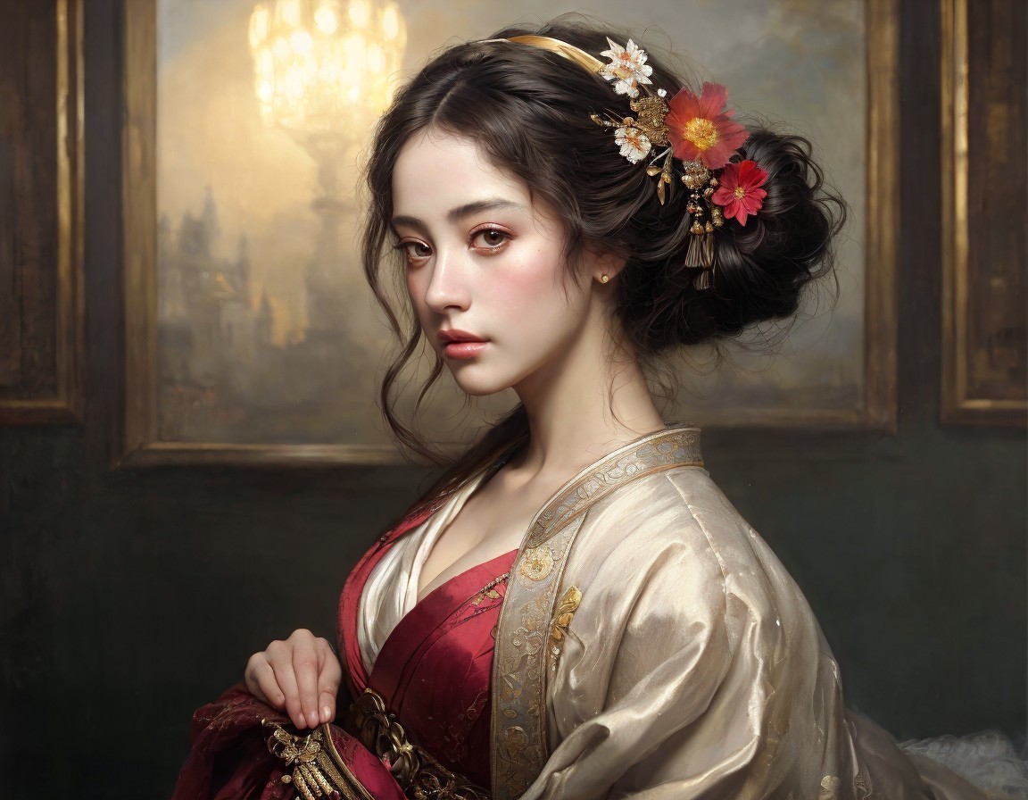 Portrait of a woman in traditional attire by a chandelier