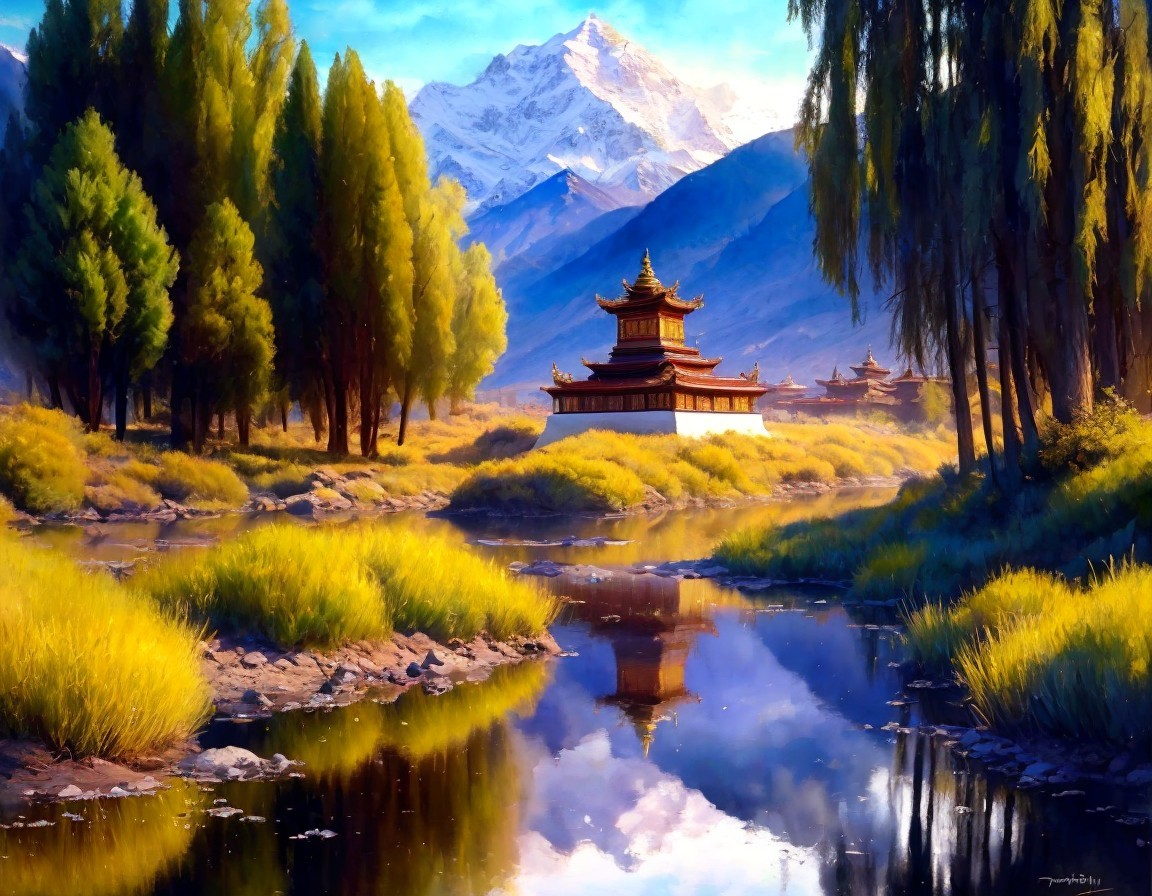 Traditional temple in serene landscape with river, trees, and mountain