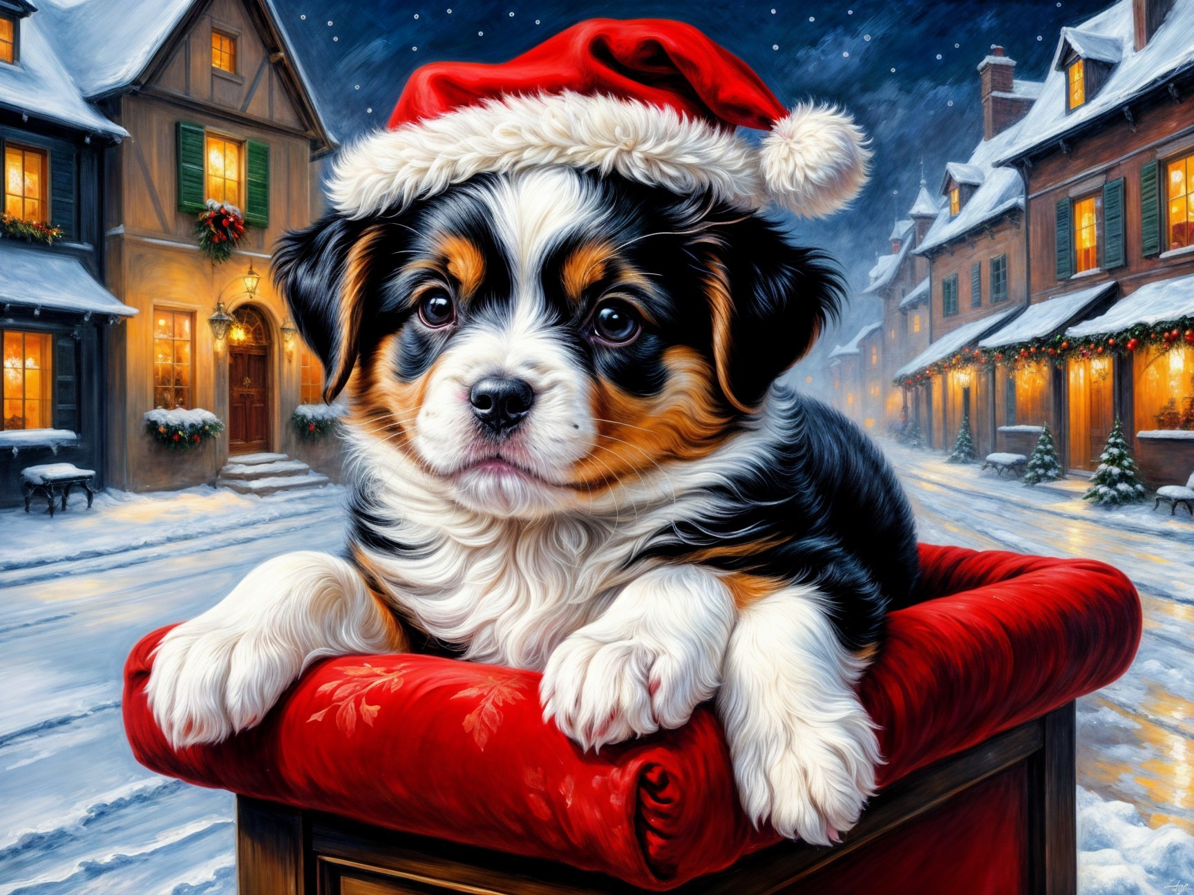 Puppy in Santa Hat on Red Cushion in Snowy Scene