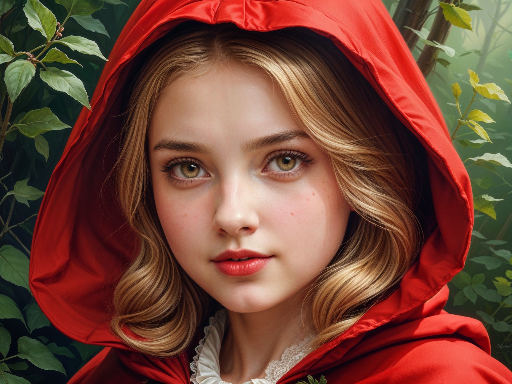 Young girl in red cloak with green eyes in greenery