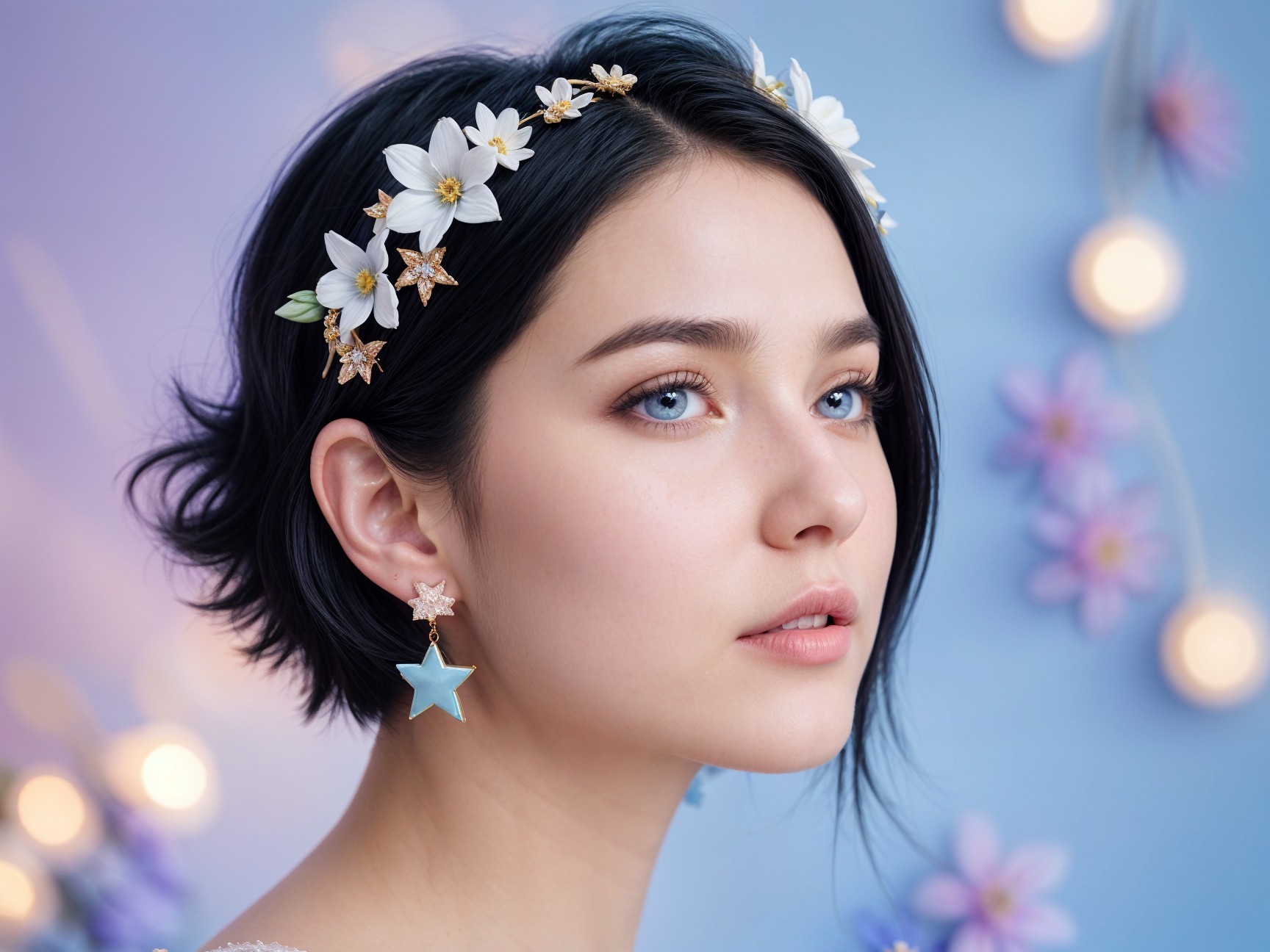 Young woman with floral headband in serene setting