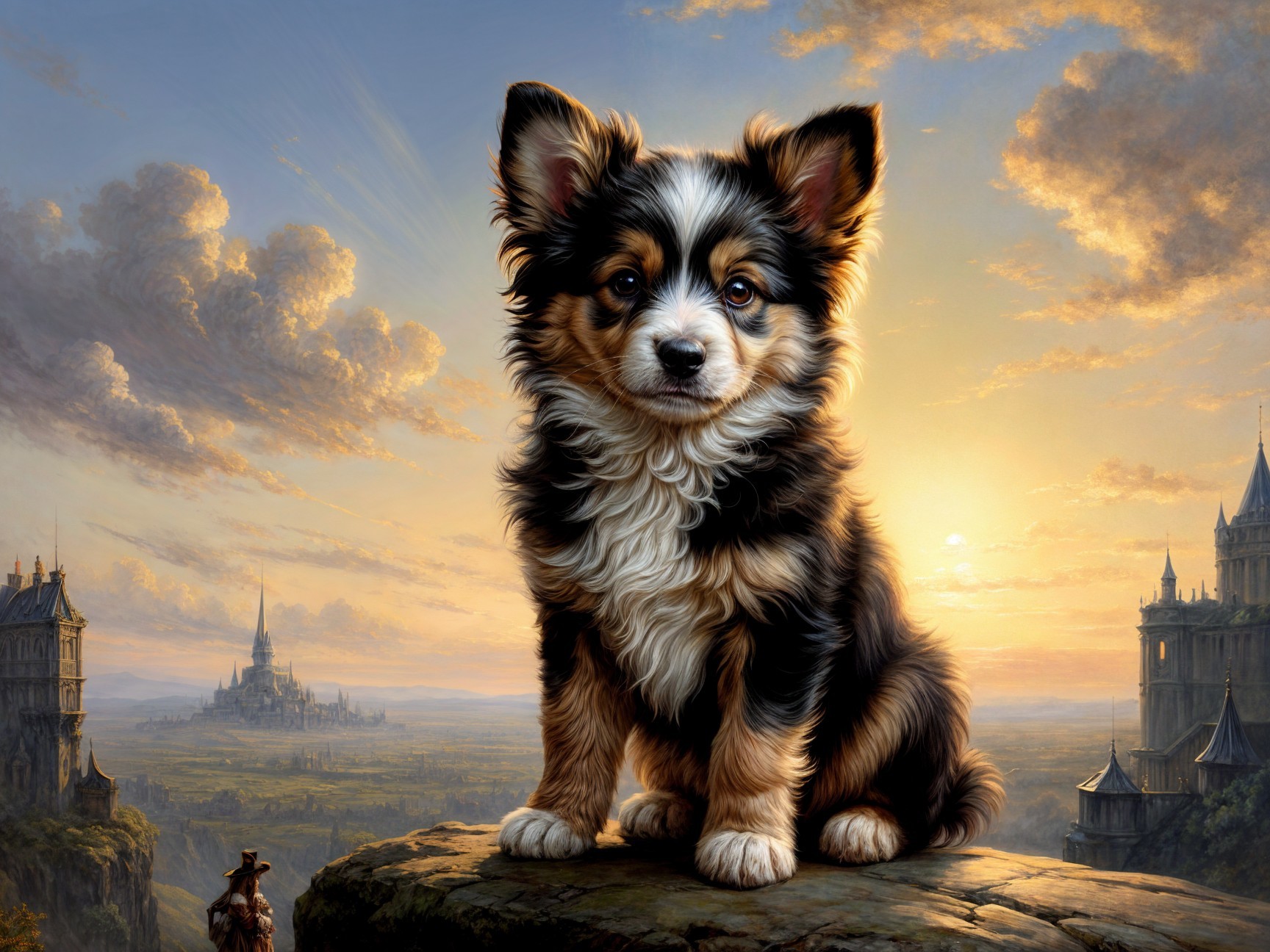 Fluffy Tri-Color Puppy on Rocky Ledge at Sunset