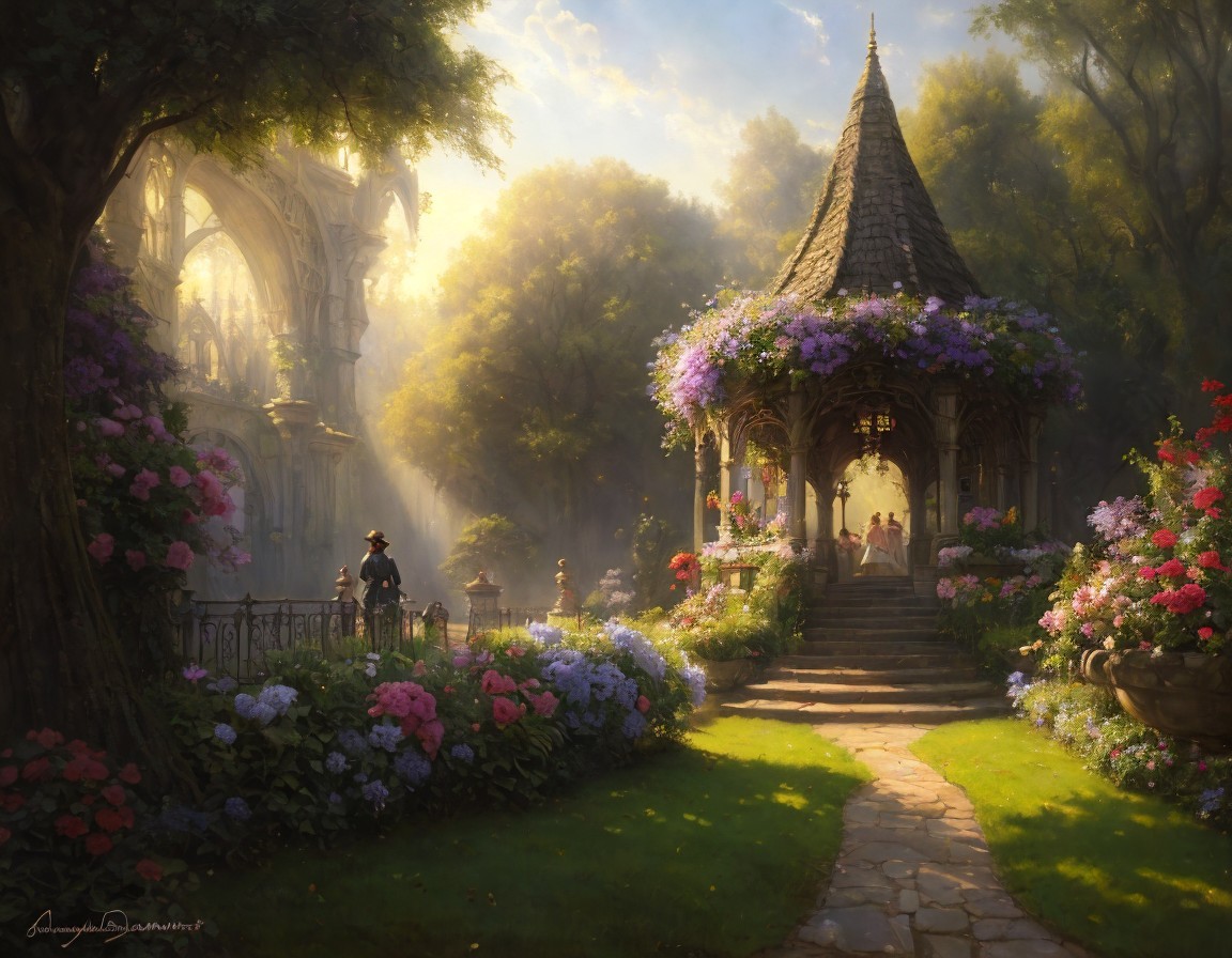 Tranquil garden scene with flower-covered gazebo and walking path