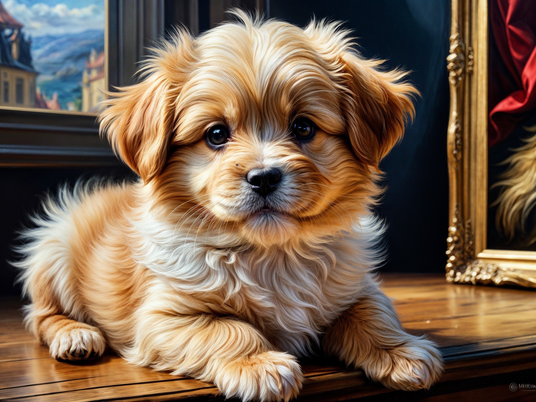 Fluffy Golden-Brown Puppy on Wooden Surface Background