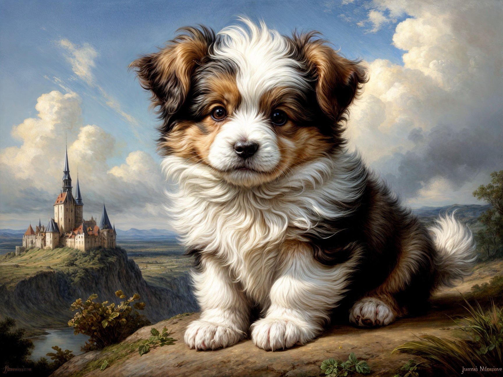 Tri-colored puppy on grassy outcrop with castle backdrop
