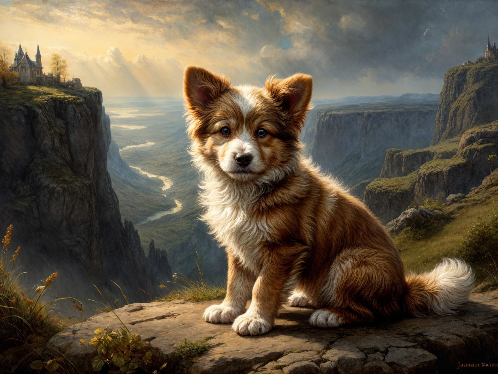 Fluffy Reddish-Brown Dog on Rocky Ledge with Castles