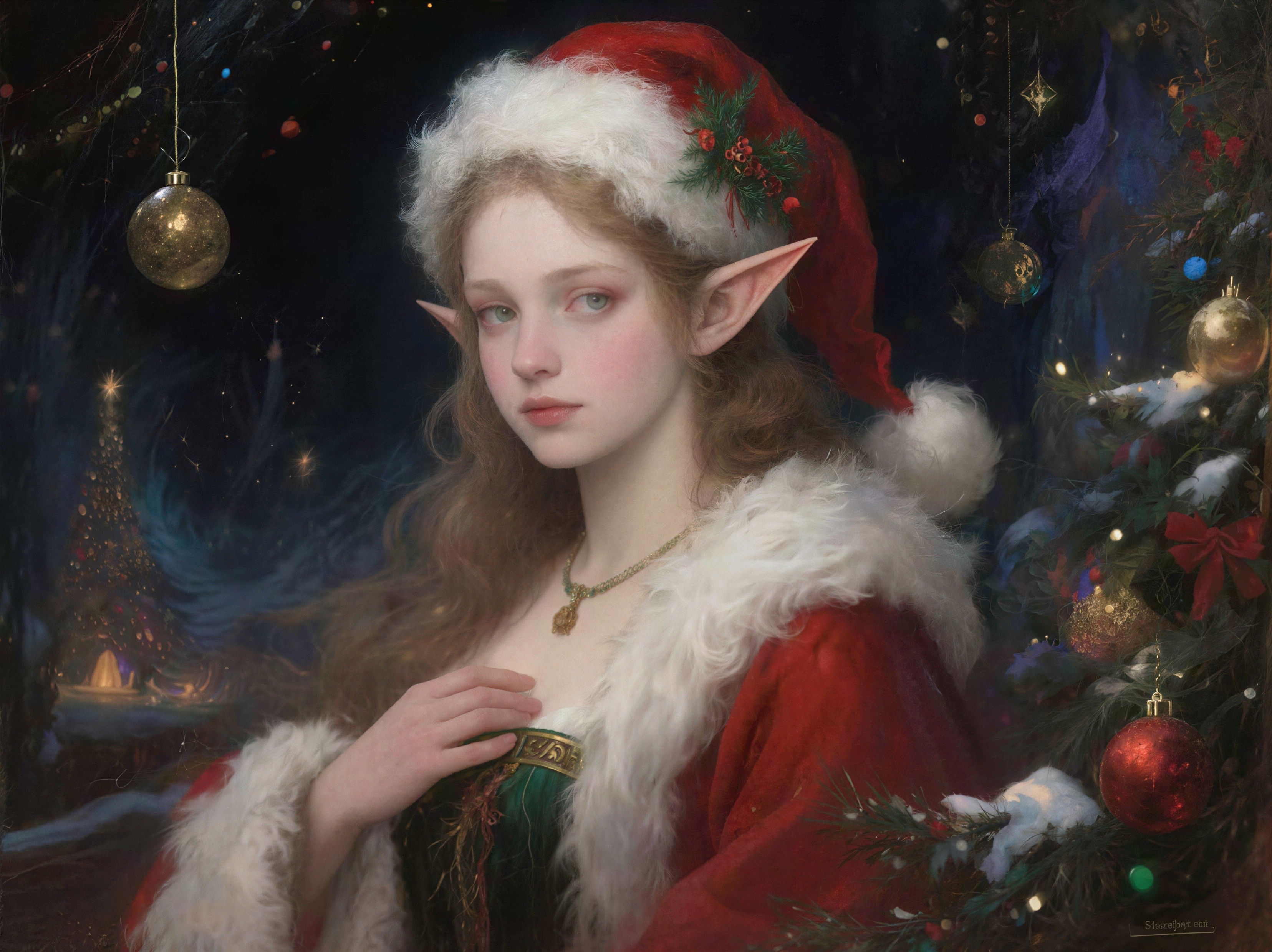 Realistic Oil Painting of Young Elf Girl at Christmas