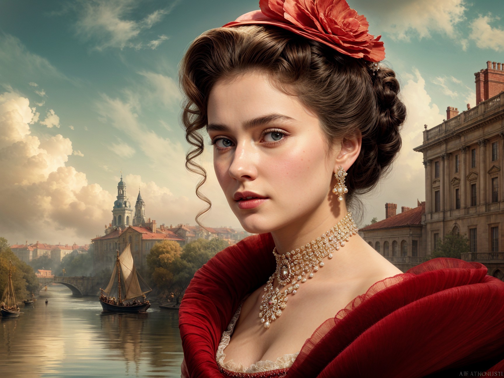 Young woman in red gown by serene river backdrop