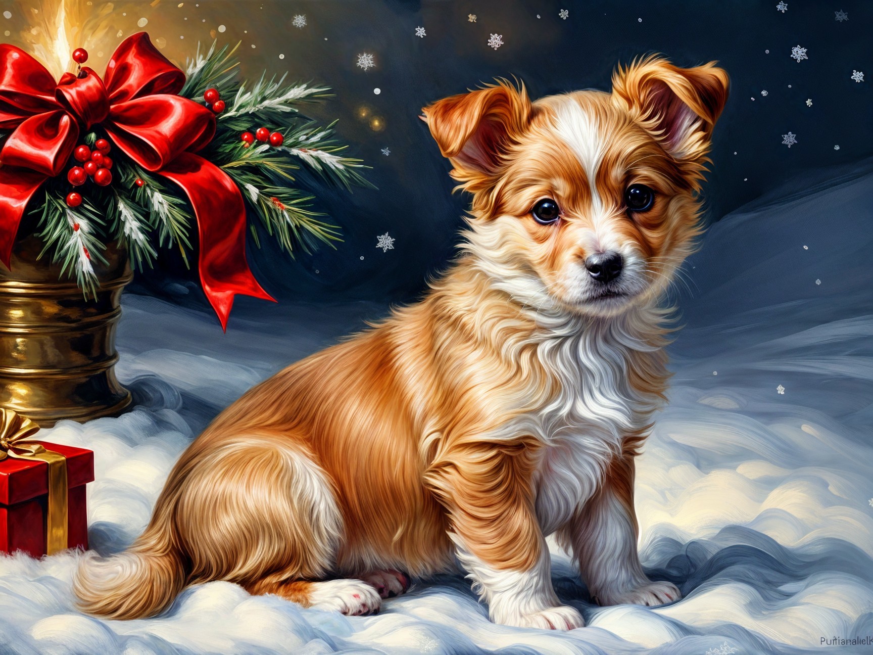 Fluffy Puppy on Snowy Surface with Holiday Decor