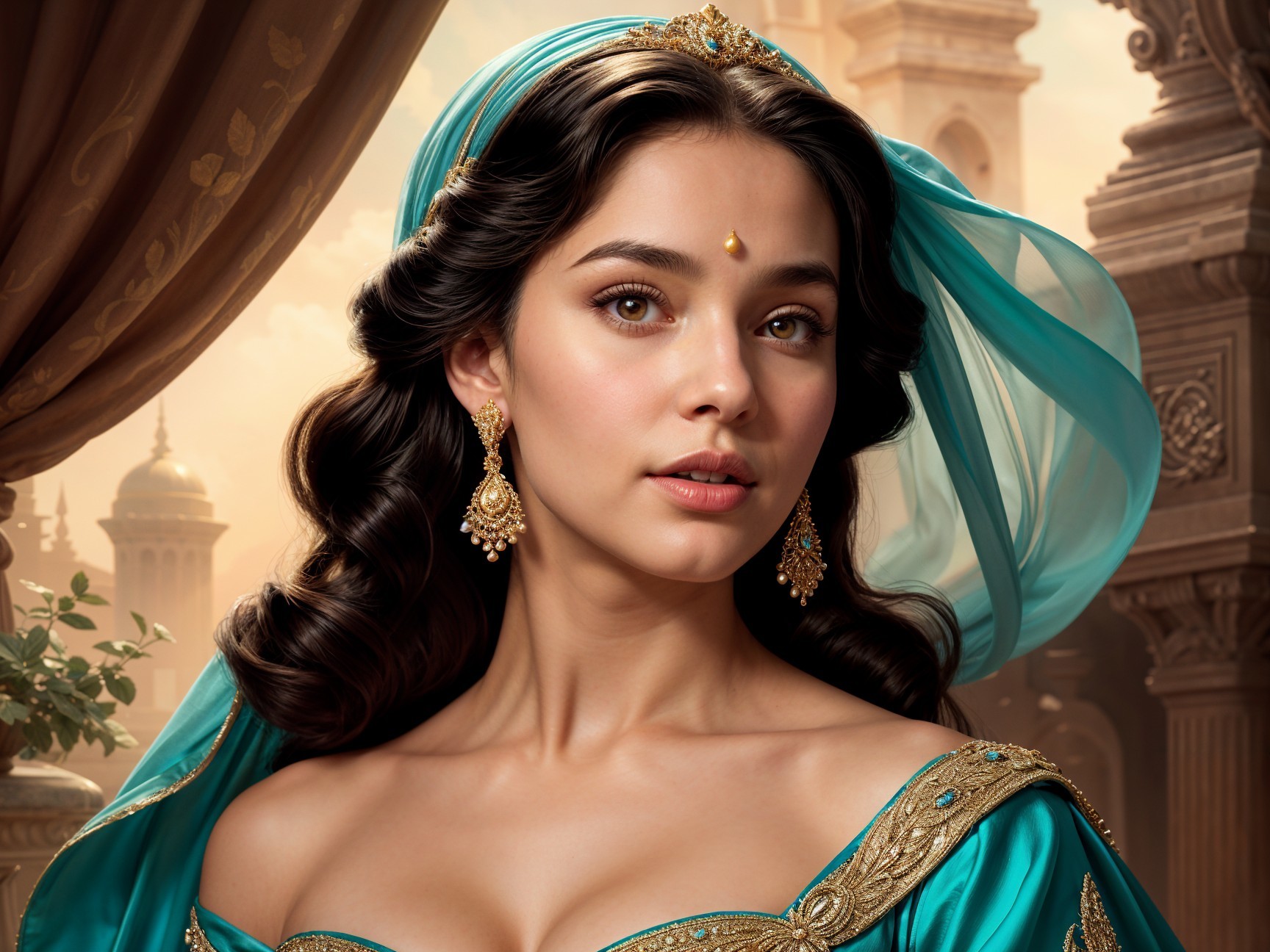 Young Woman in Elegant Turquoise Gown in Palatial Setting