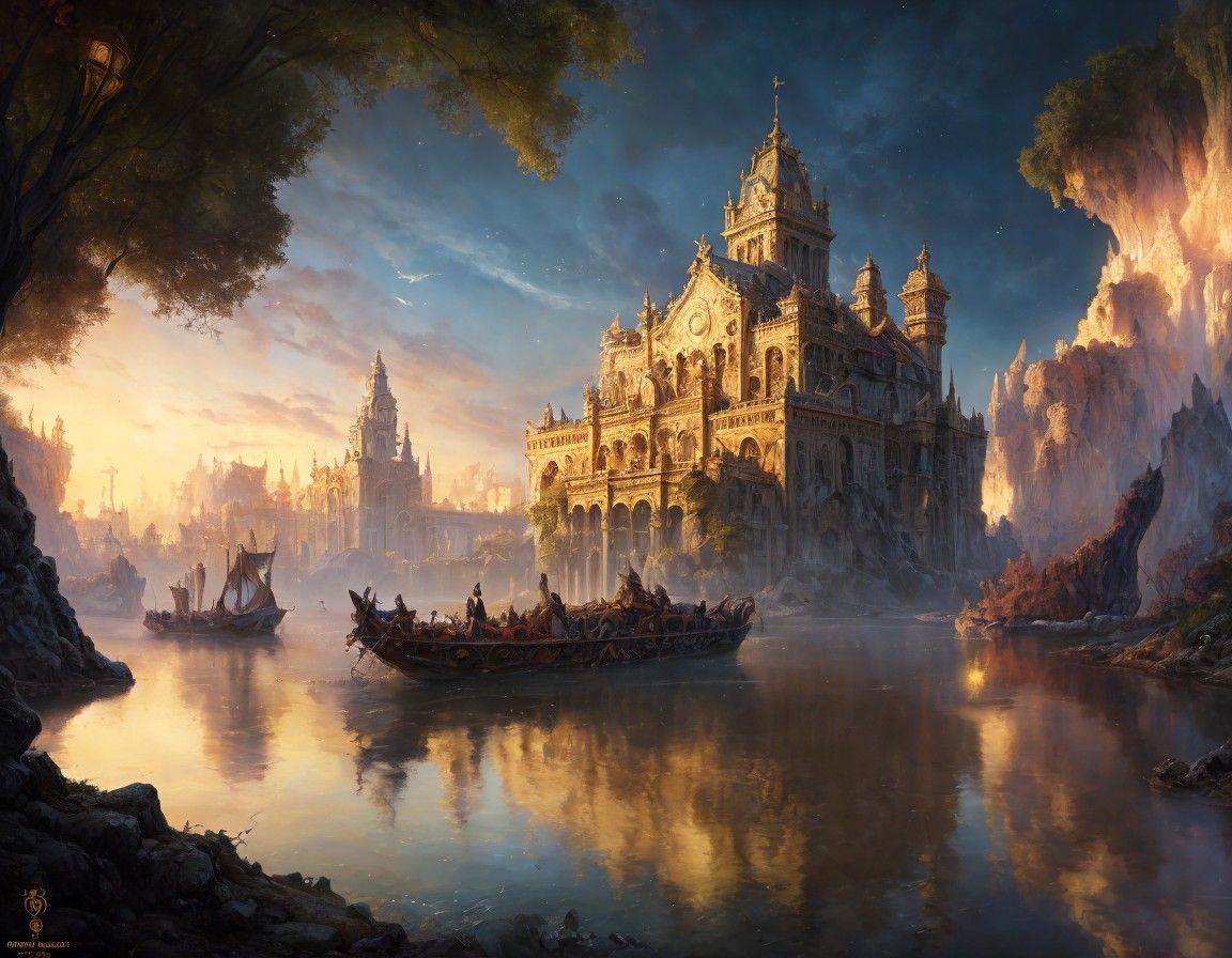 Tranquil river scene with grand castle, boats, cliffs, trees, and warm light