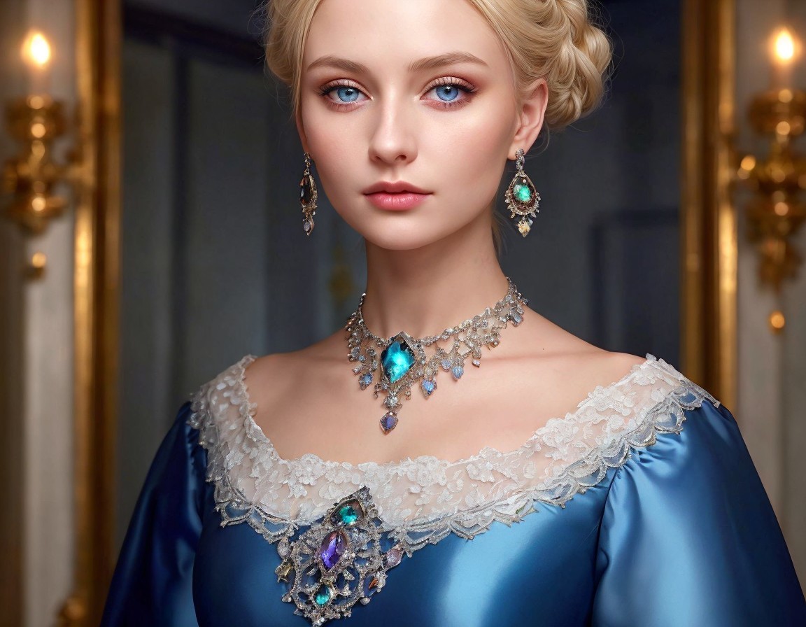 Computer-Generated Image: Woman in Blue Gown with Turquoise Jewelry