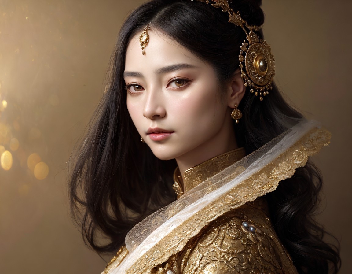 Regal woman in gold-trimmed dress and jewelry on warm background