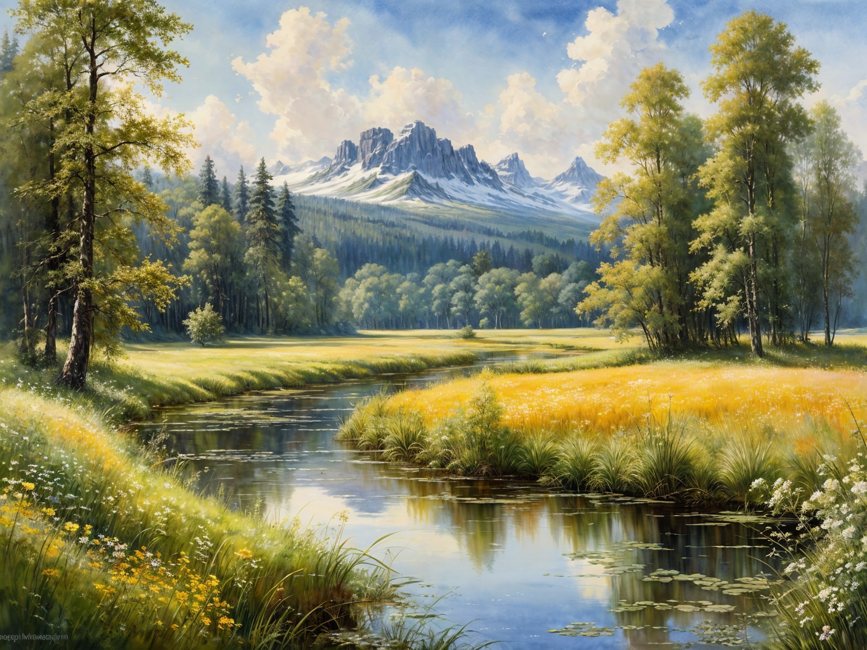 Tranquil River and Vibrant Meadows in Serene Landscape
