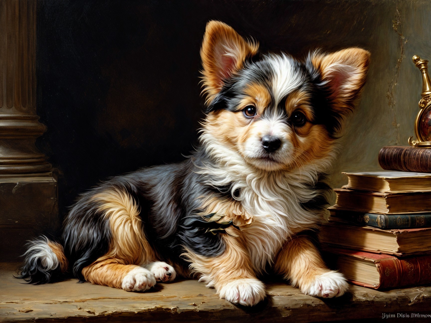 Corgi Puppy with Fluffy Fur on Wooden Surface