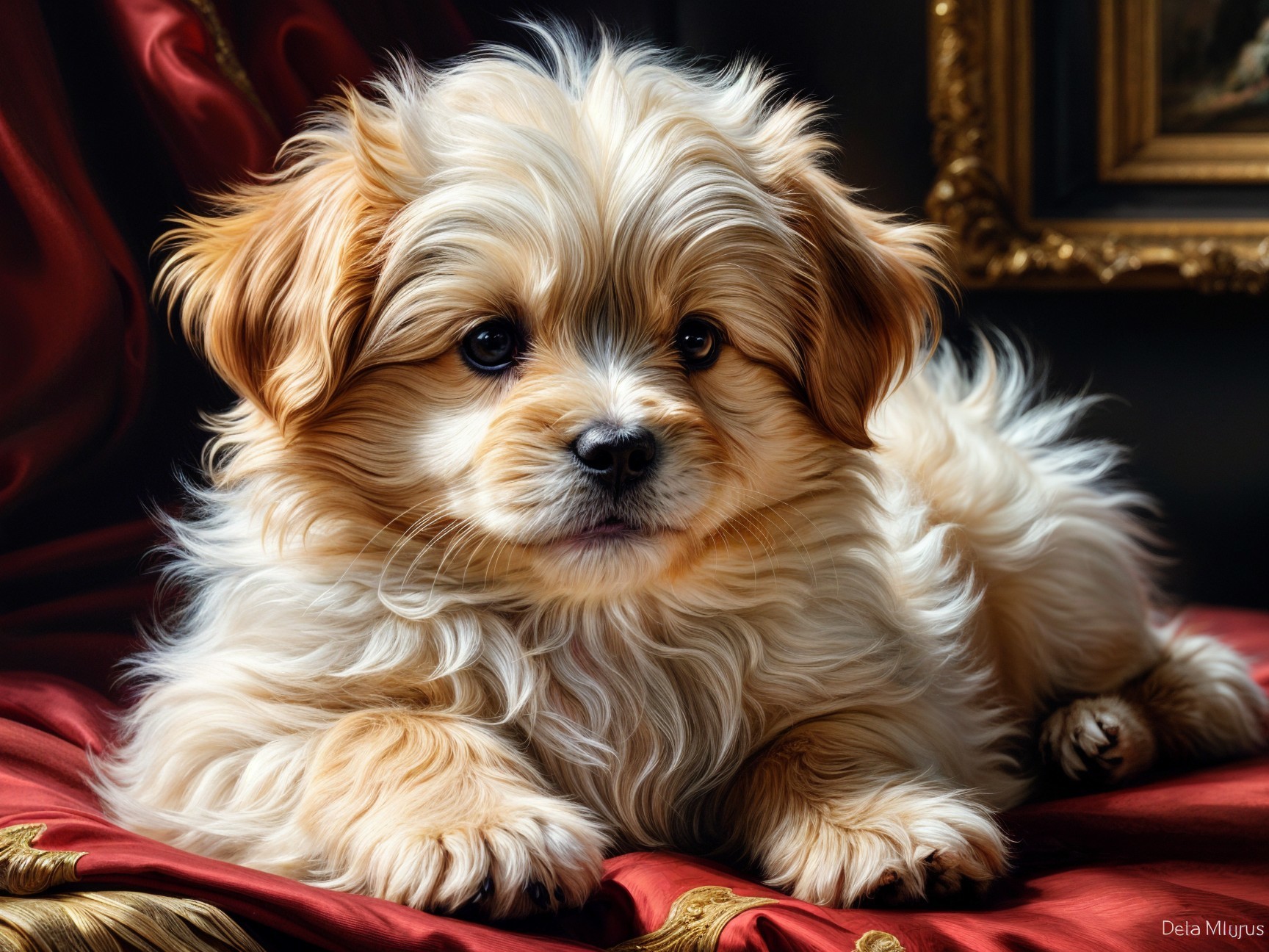 Fluffy Golden Puppy on Luxurious Red Velvet Cushion
