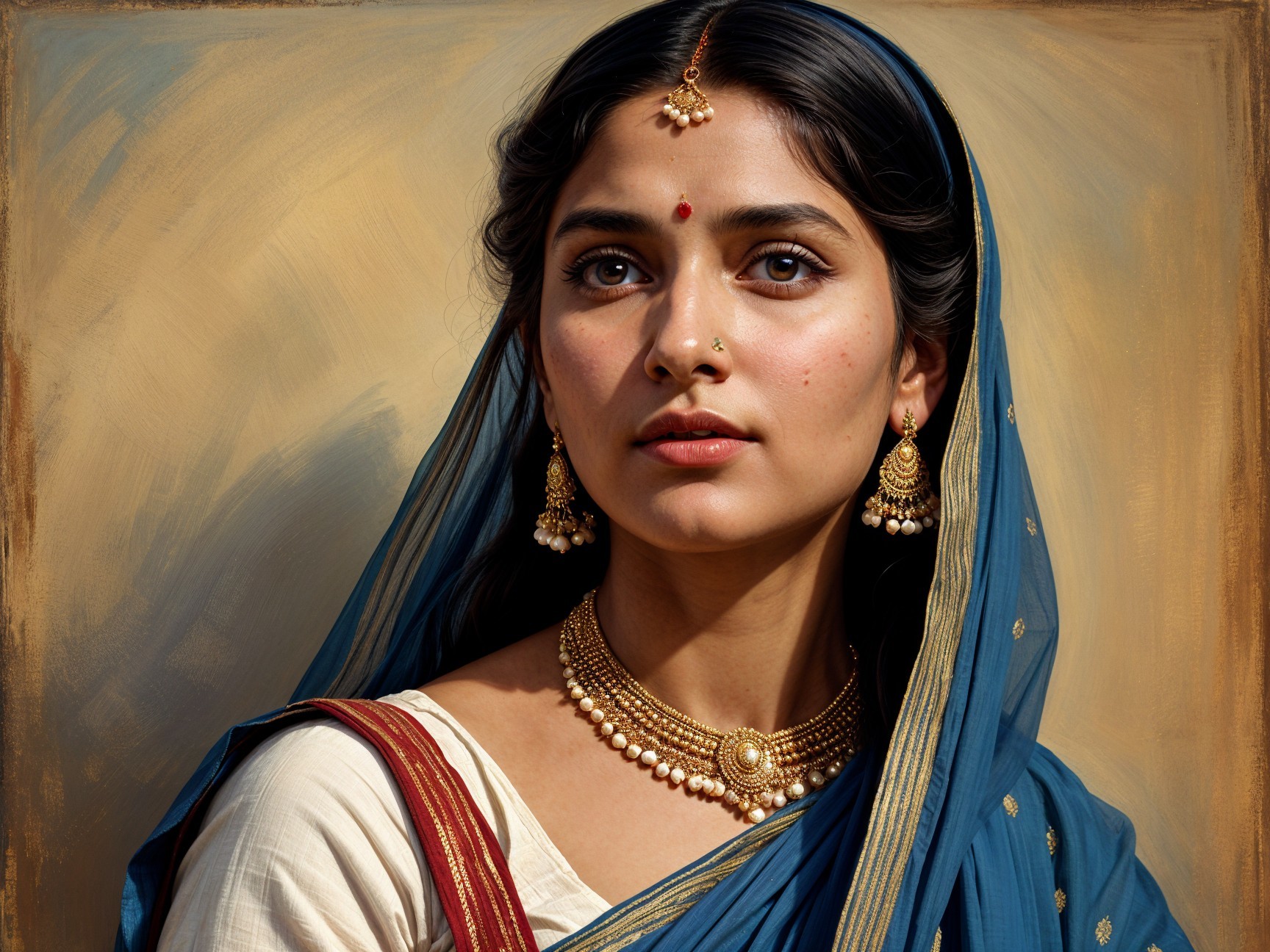 Traditional Outfit with Cream Kurta and Blue Dupatta