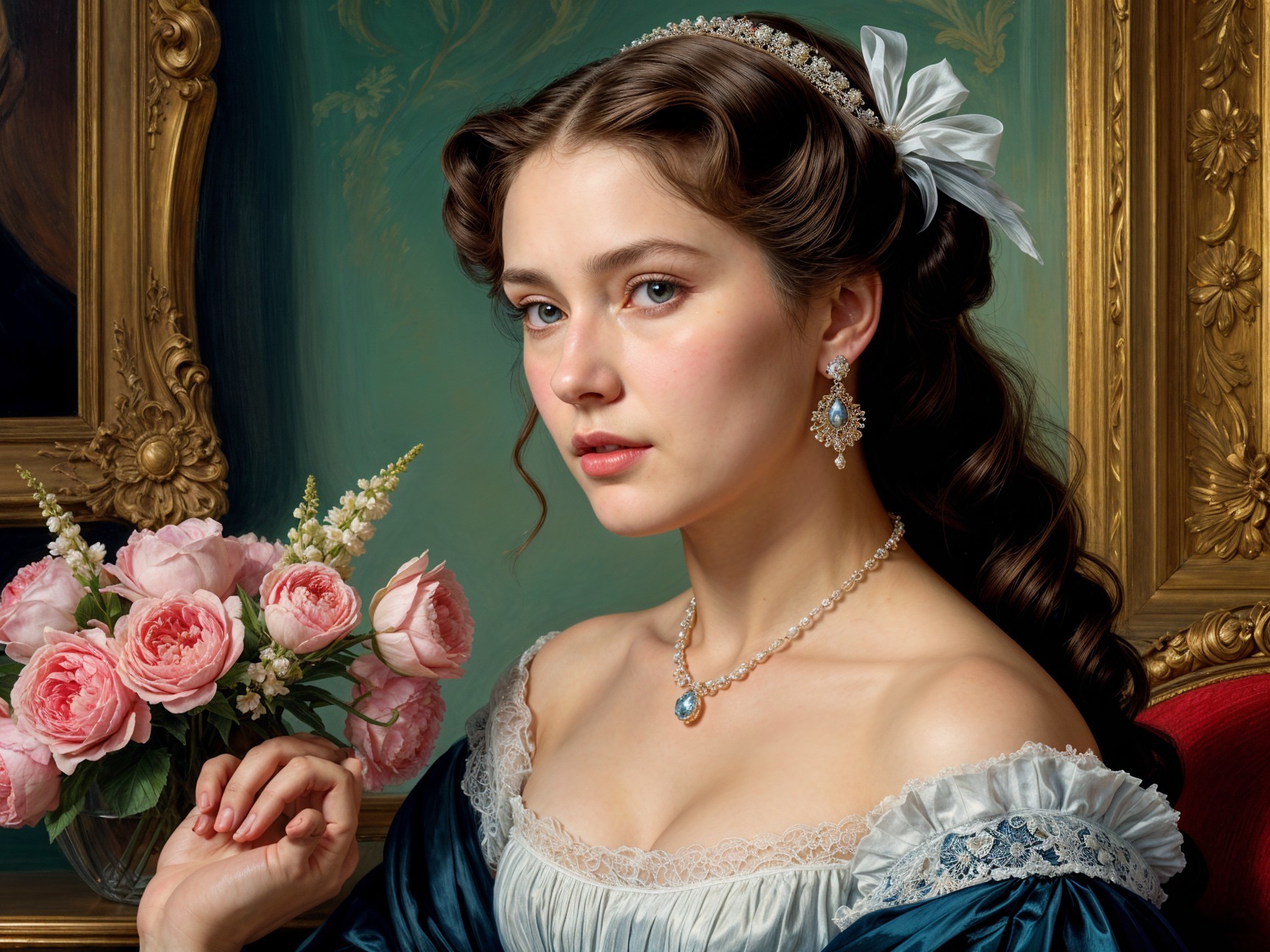 Portrait of a Woman in Blue Gown with Roses