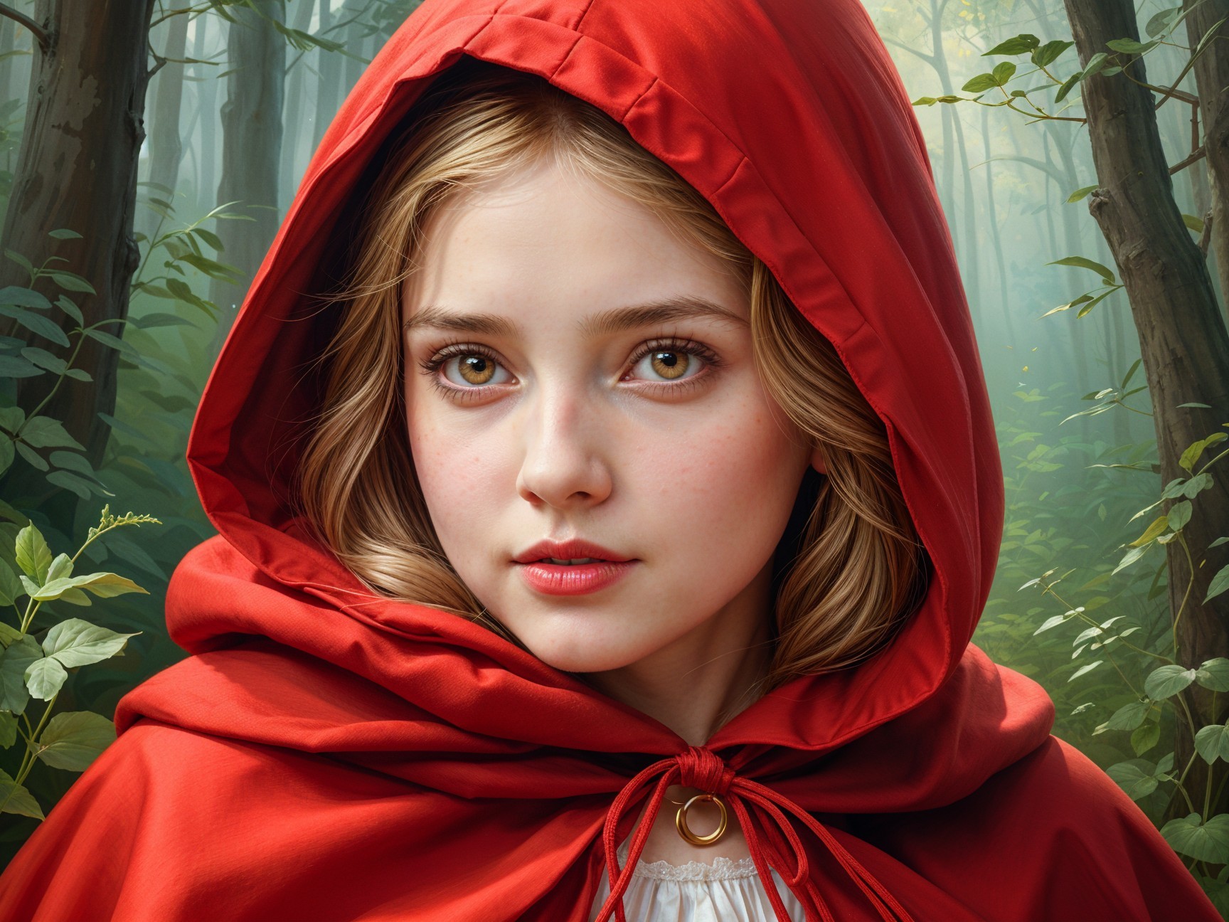 Young girl in red cloak in a lush green forest