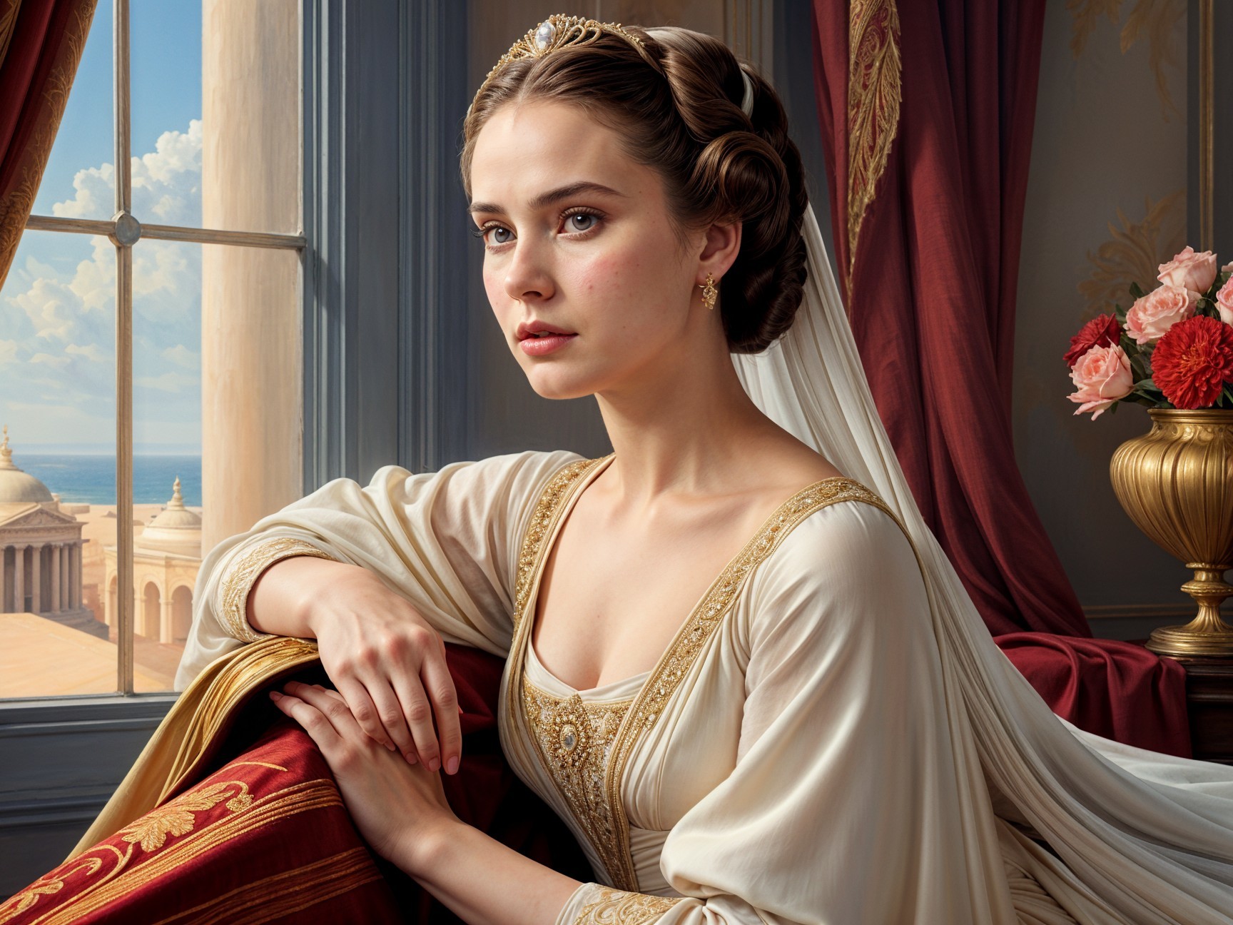 Elegant Woman by Window in Flowing Gown and Veil