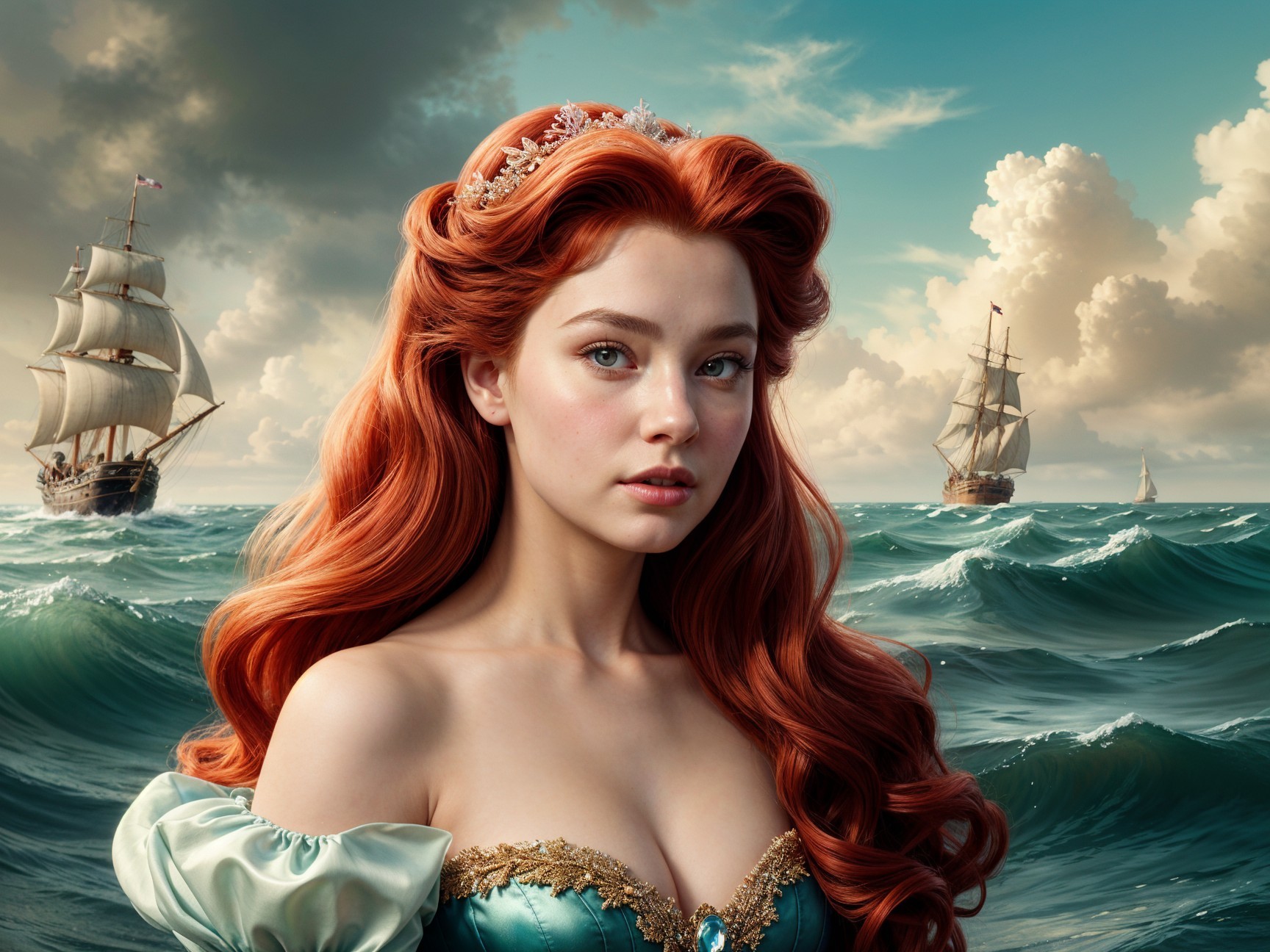 Young woman in teal gown with ships and ocean backdrop