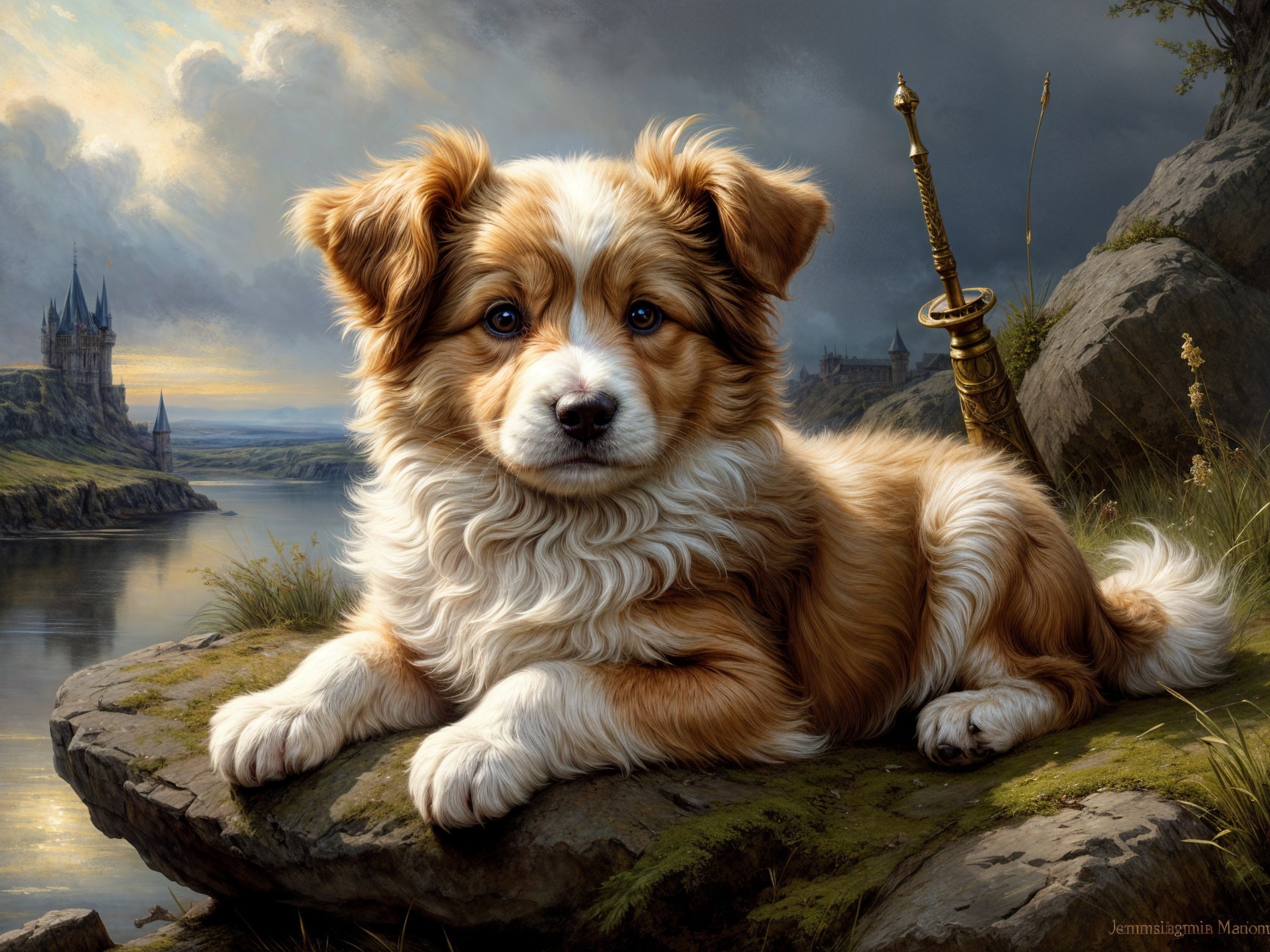 Golden-brown puppy by serene lake with castle backdrop