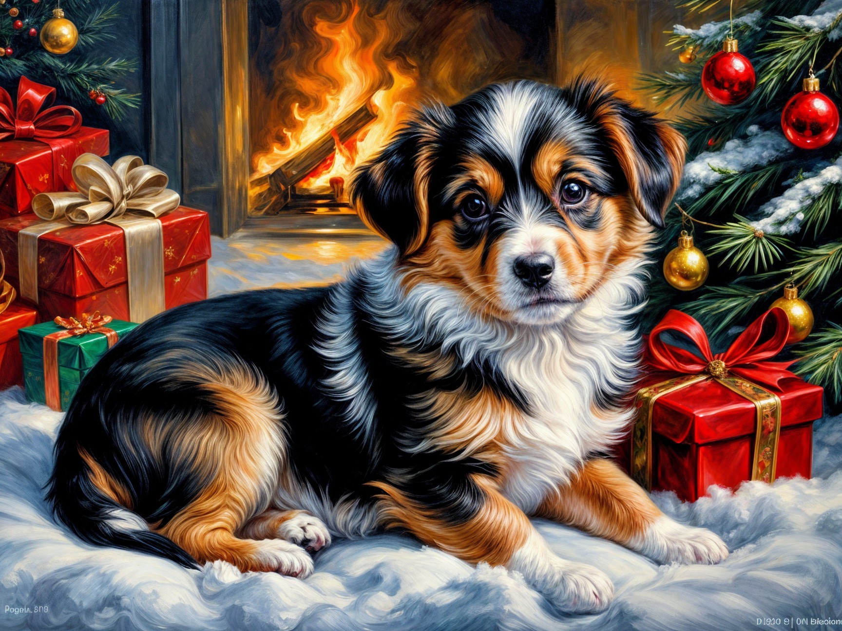 Puppy by Christmas Tree and Fireplace Decorated Scene