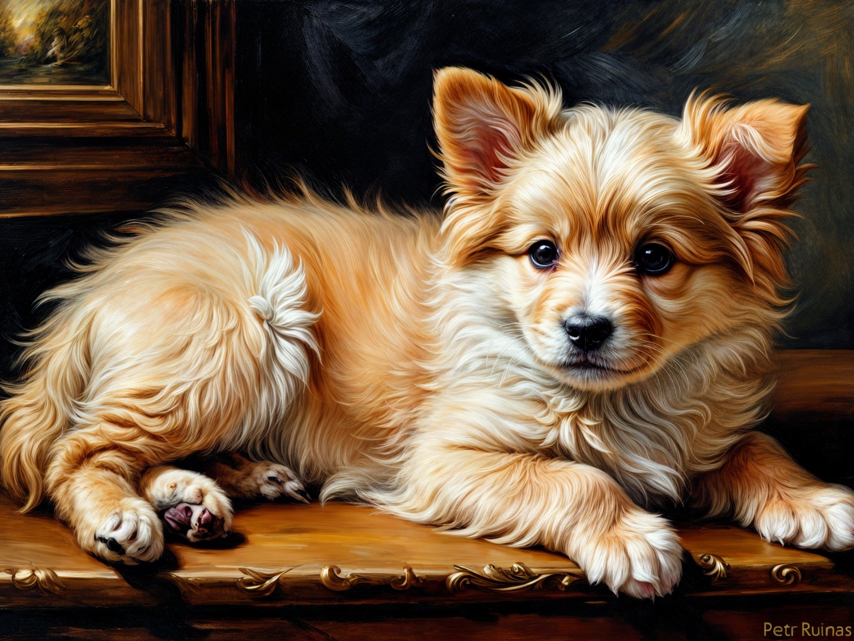 Fluffy Light Tan Puppy on Wooden Ledge