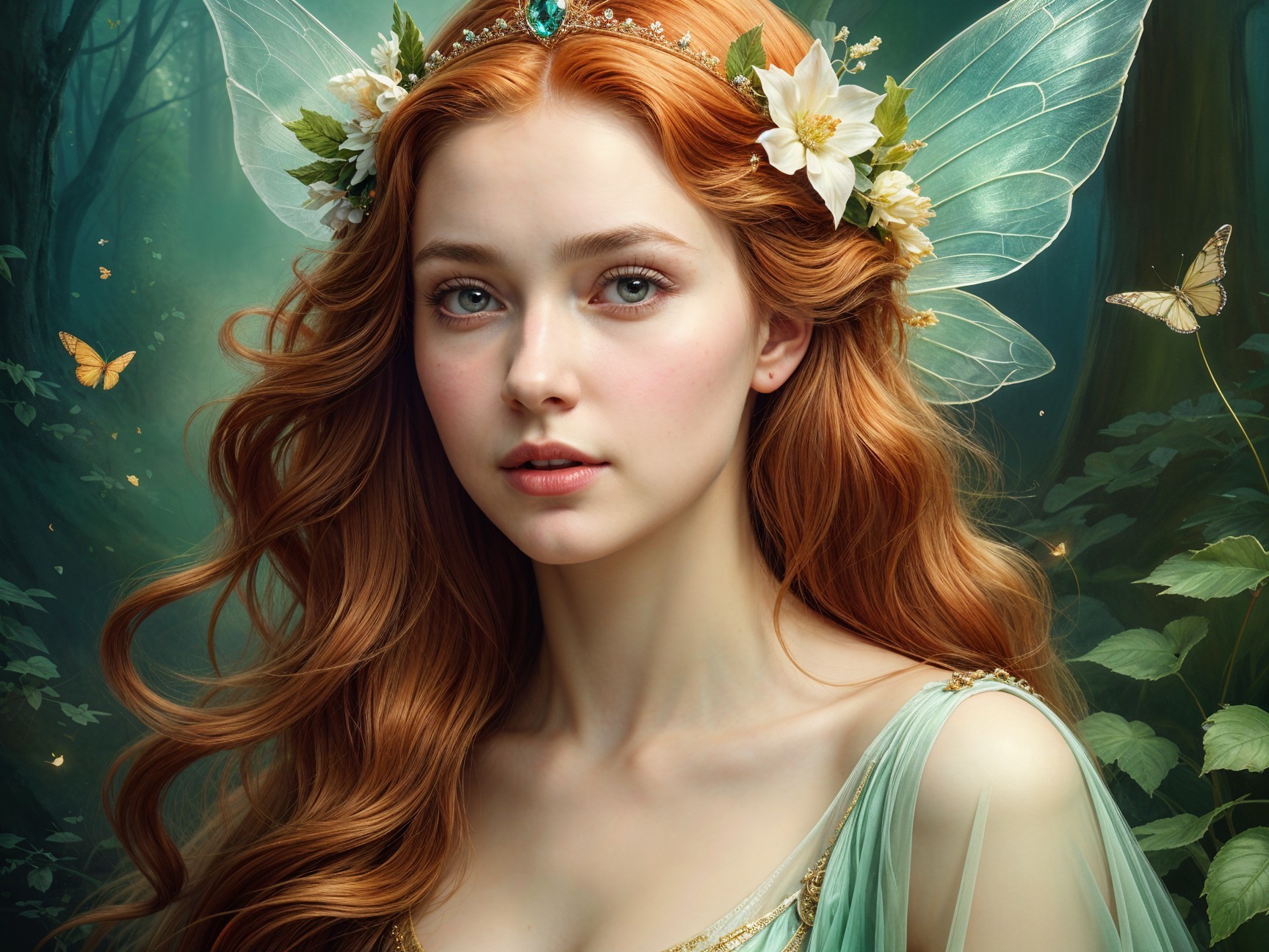 Fairy with Red Hair and Butterfly Wings in Forest